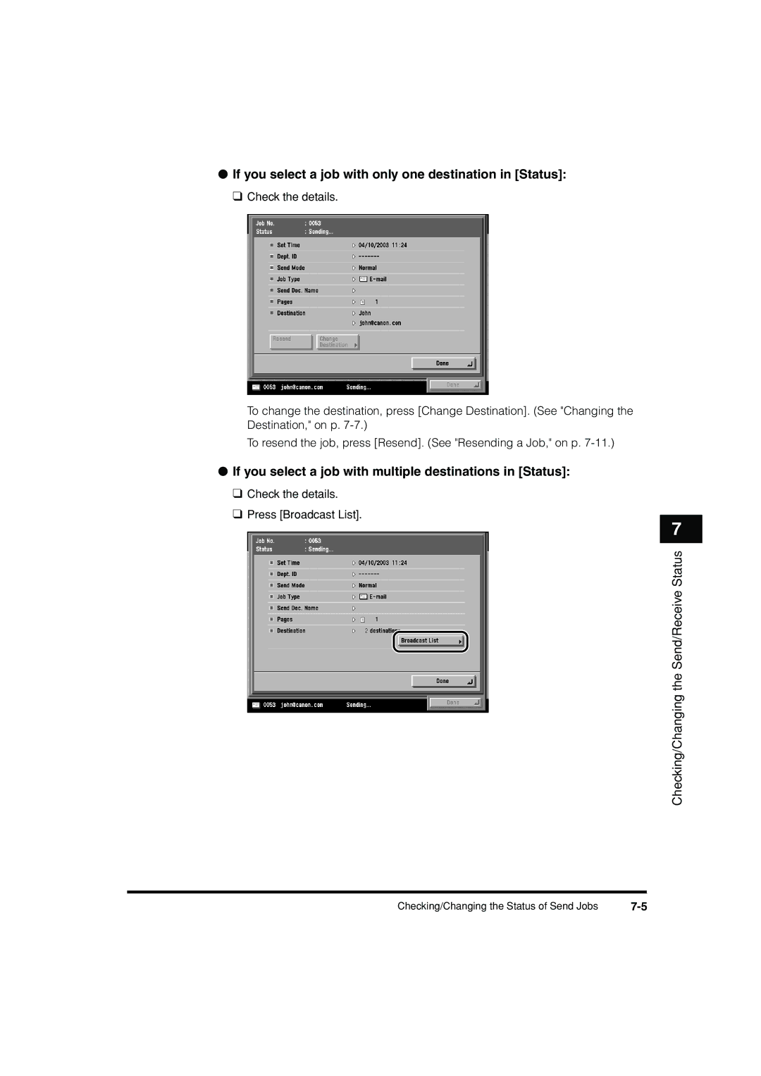 Canon C3200 manual If you select a job with only one destination in Status 