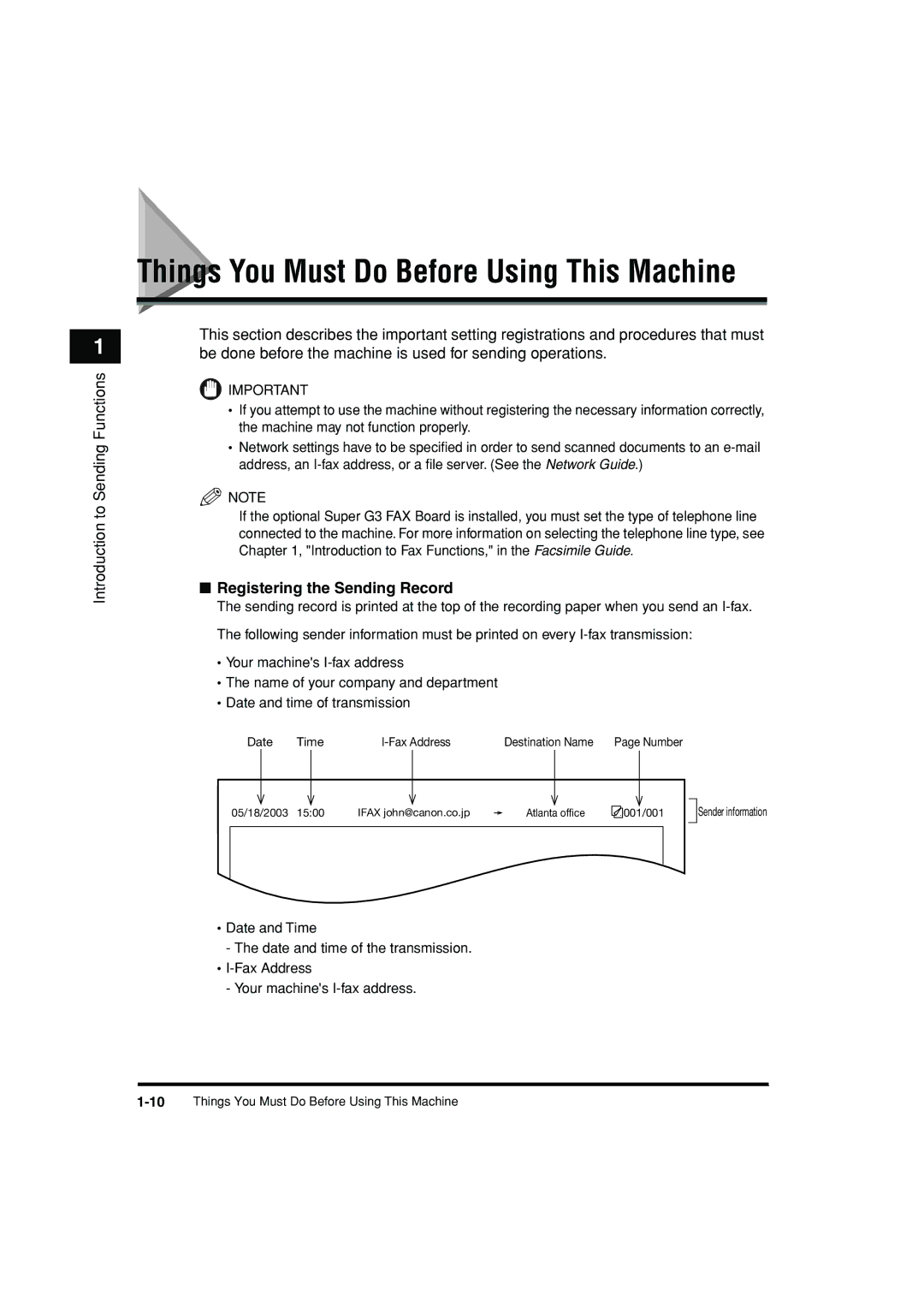 Canon C3200 manual Things You Must Do Before Using This Machine, Registering the Sending Record 