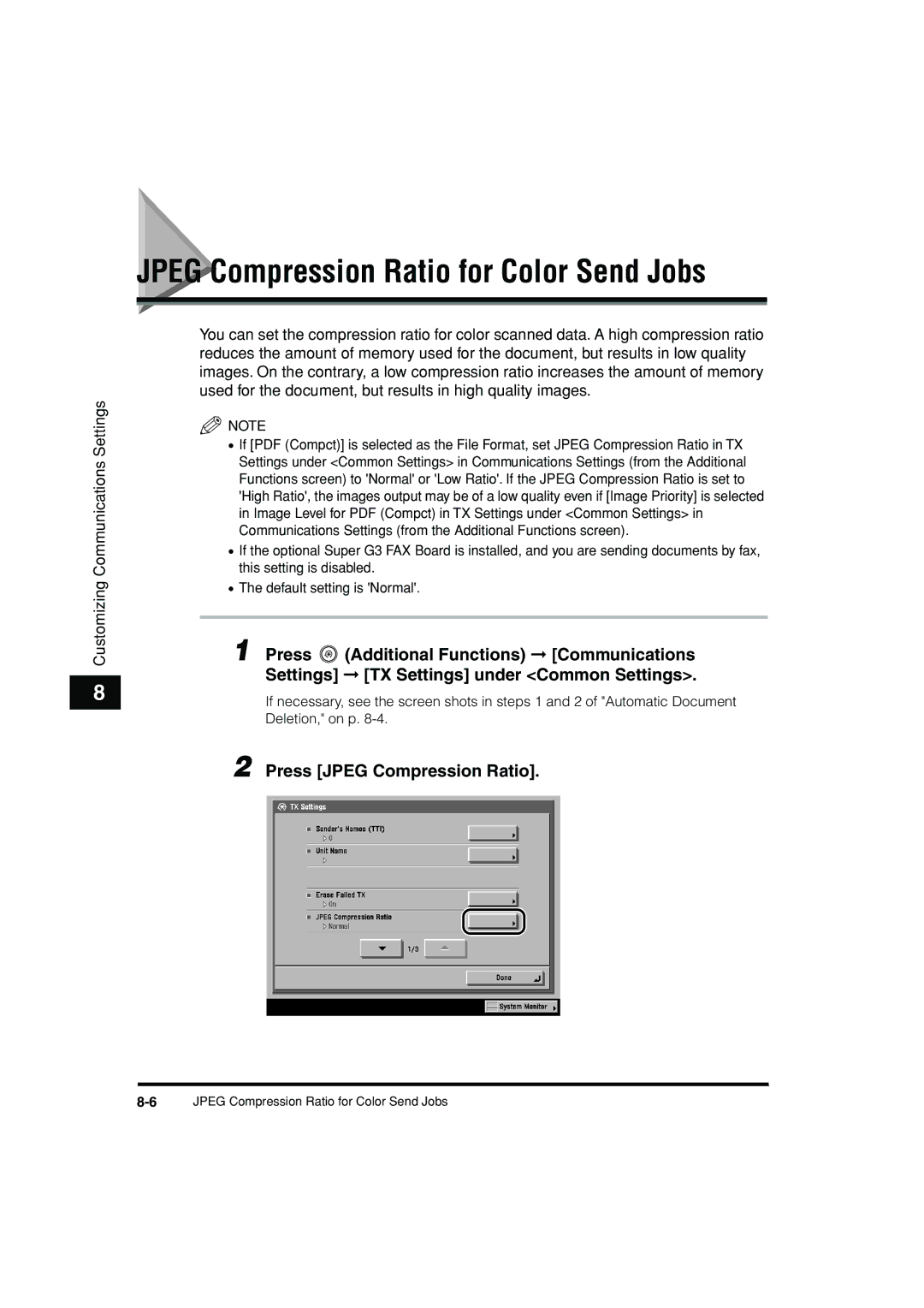 Canon C3200 manual Jpeg Compression Ratio for Color Send Jobs, Press Jpeg Compression Ratio 