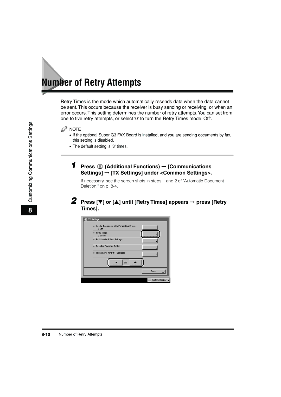 Canon C3200 manual Number of Retry Attempts, Press or until Retry Times appears press Retry 