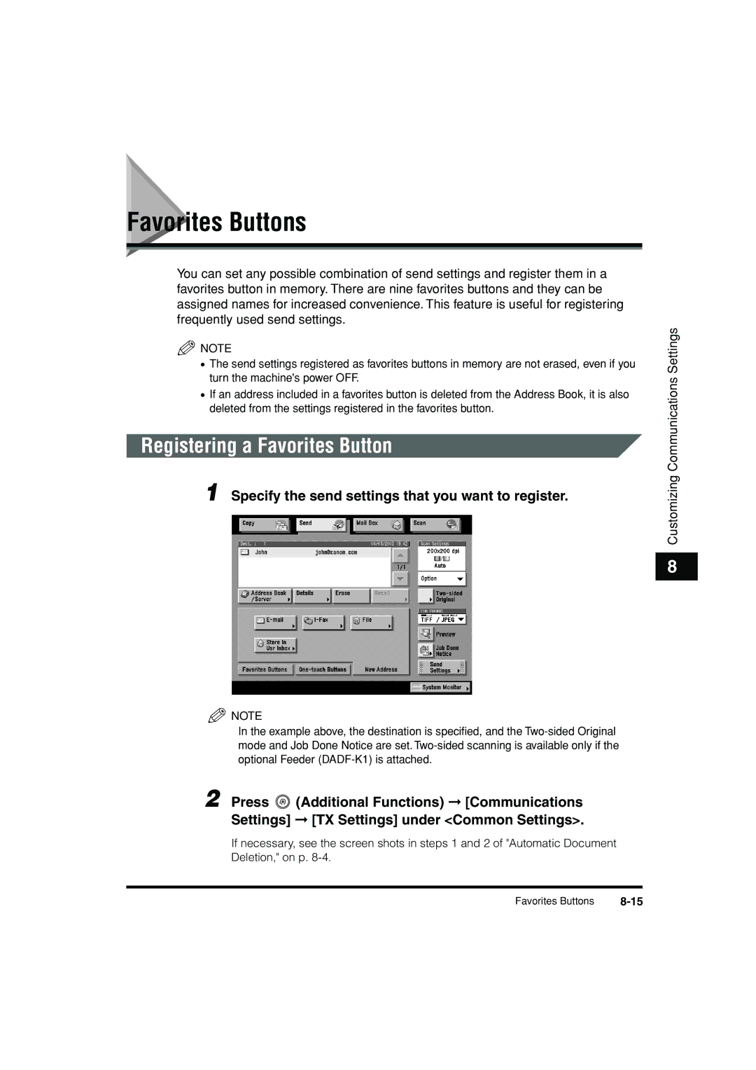 Canon C3200 manual Favorites Buttons, Registering a Favorites Button, Specify the send settings that you want to register 