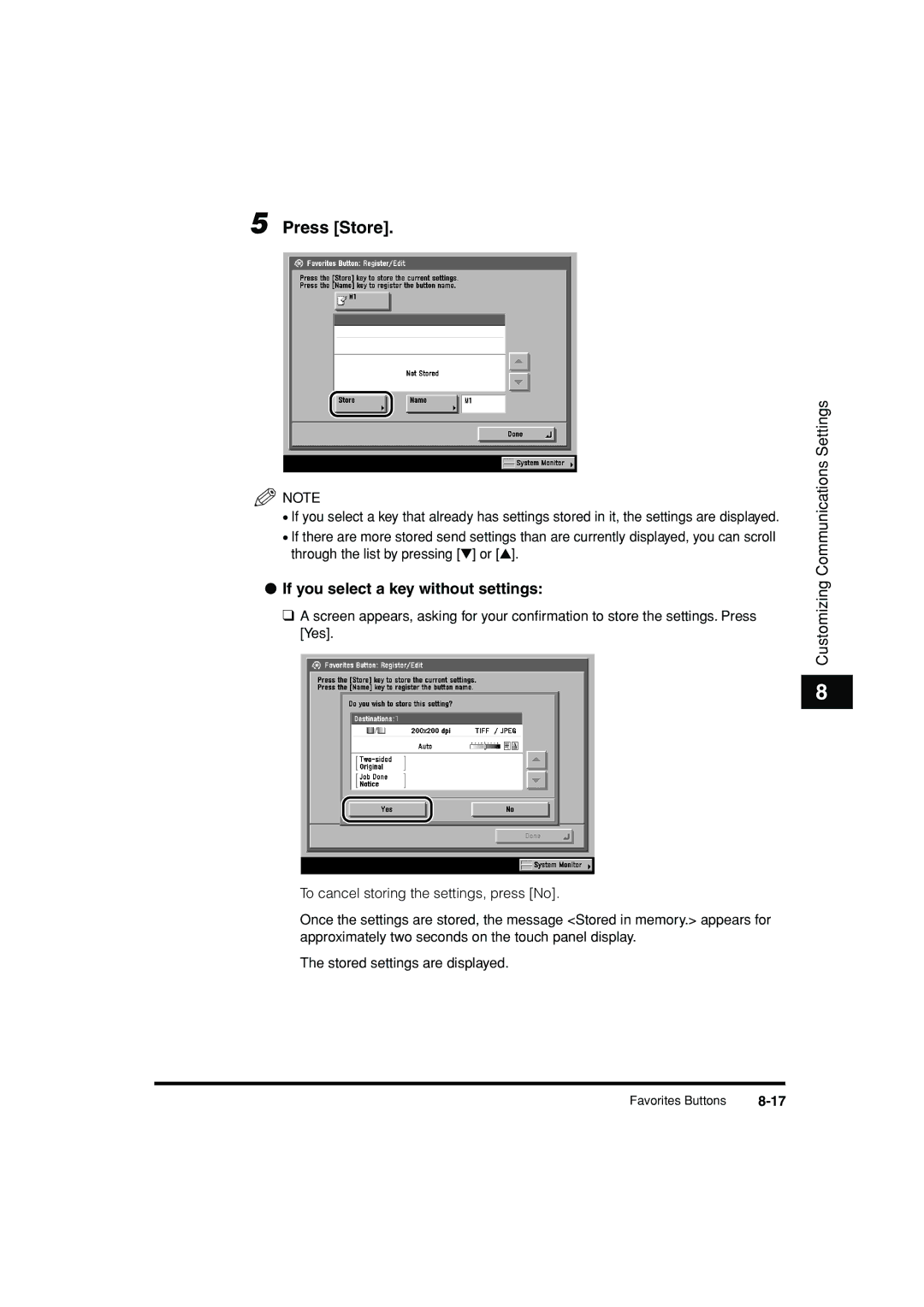 Canon C3200 manual Press Store, If you select a key without settings 