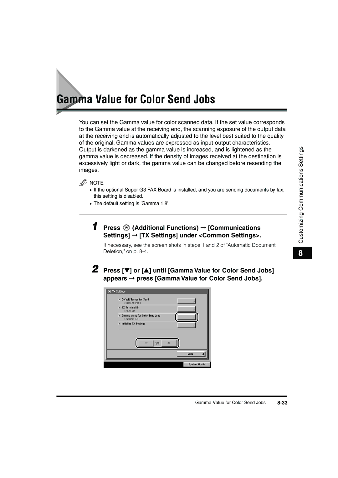 Canon C3200 manual Gamma Value for Color Send Jobs 
