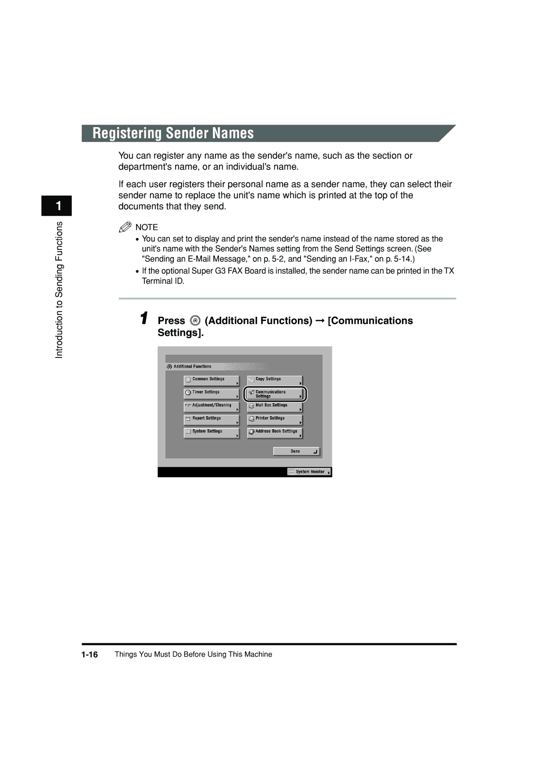 Canon C3200 manual Registering Sender Names, Press Additional Functions Communications Settings 