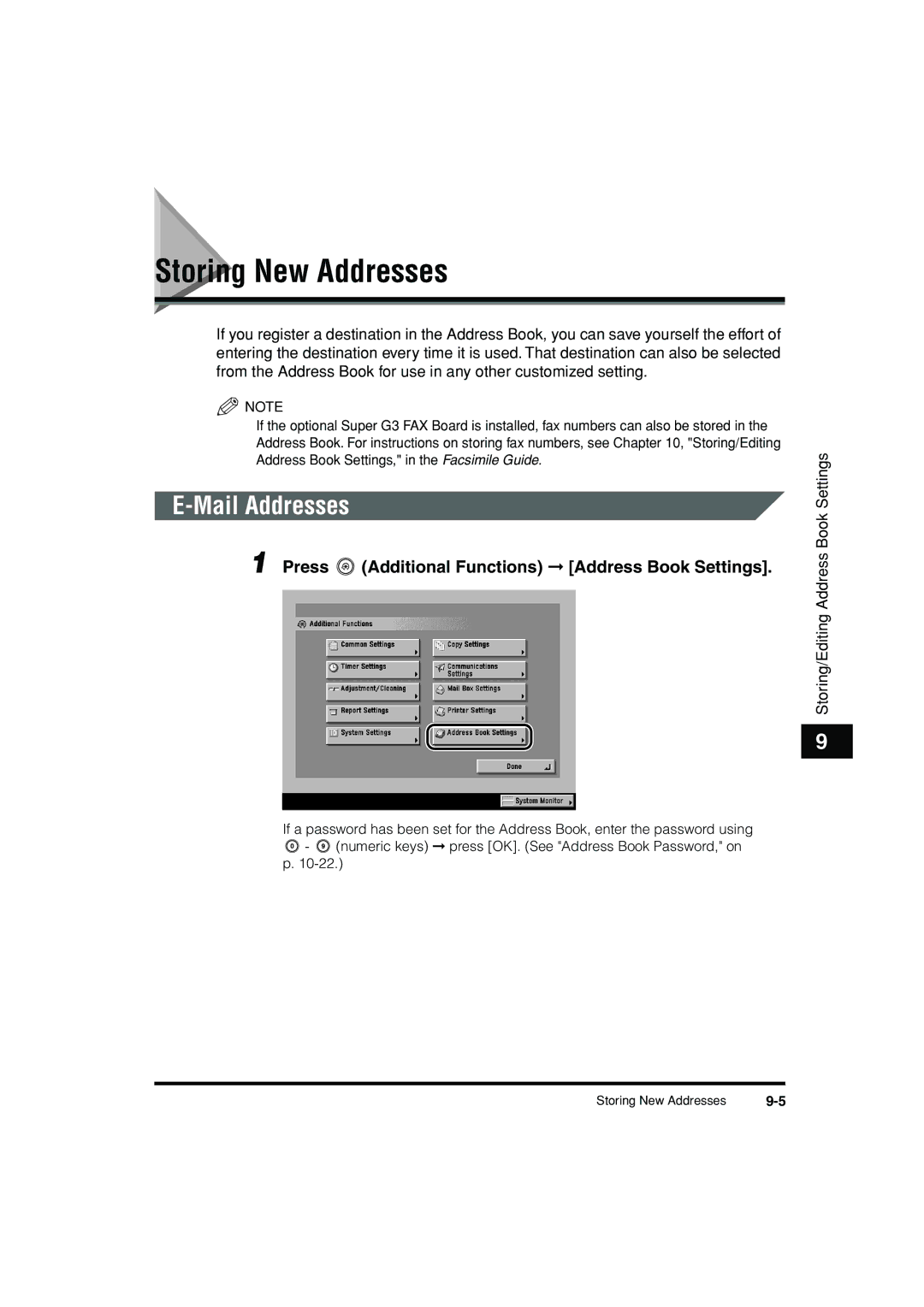 Canon C3200 manual Storing New Addresses, Mail Addresses, Additional Functions Address Book Settings 