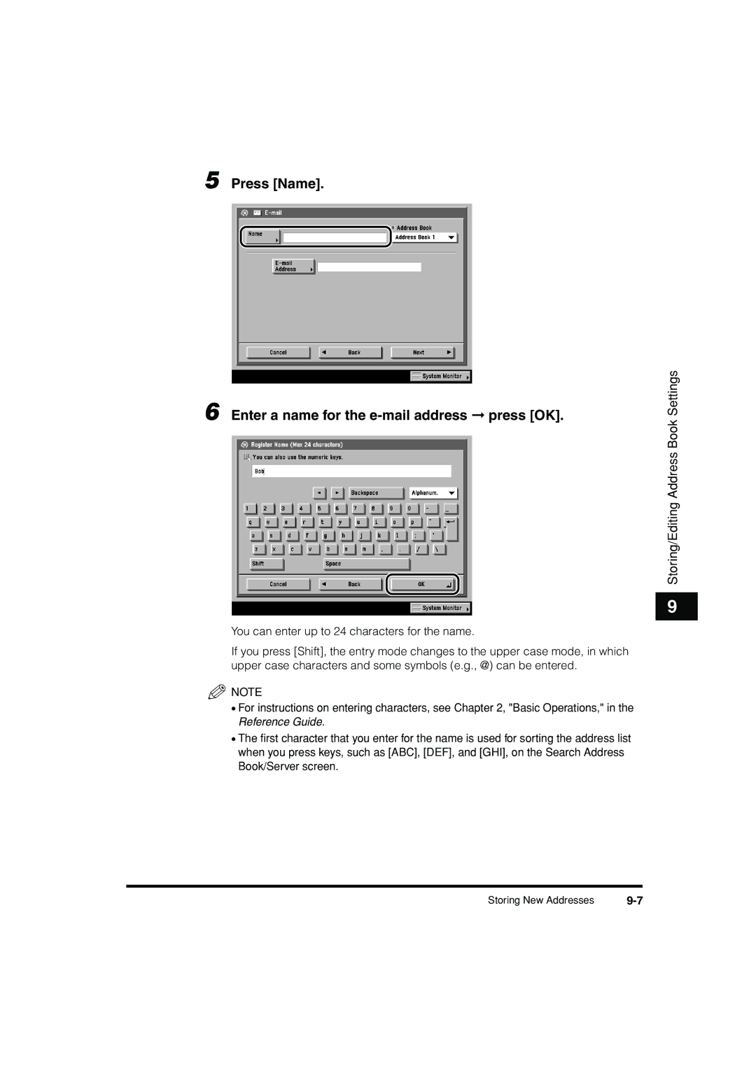 Canon C3200 manual Press Name Enter a name for the e-mail address press OK 