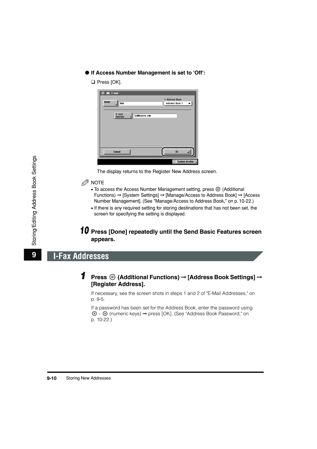 Canon C3200 manual Fax Addresses, If Access Number Management is set to Off 