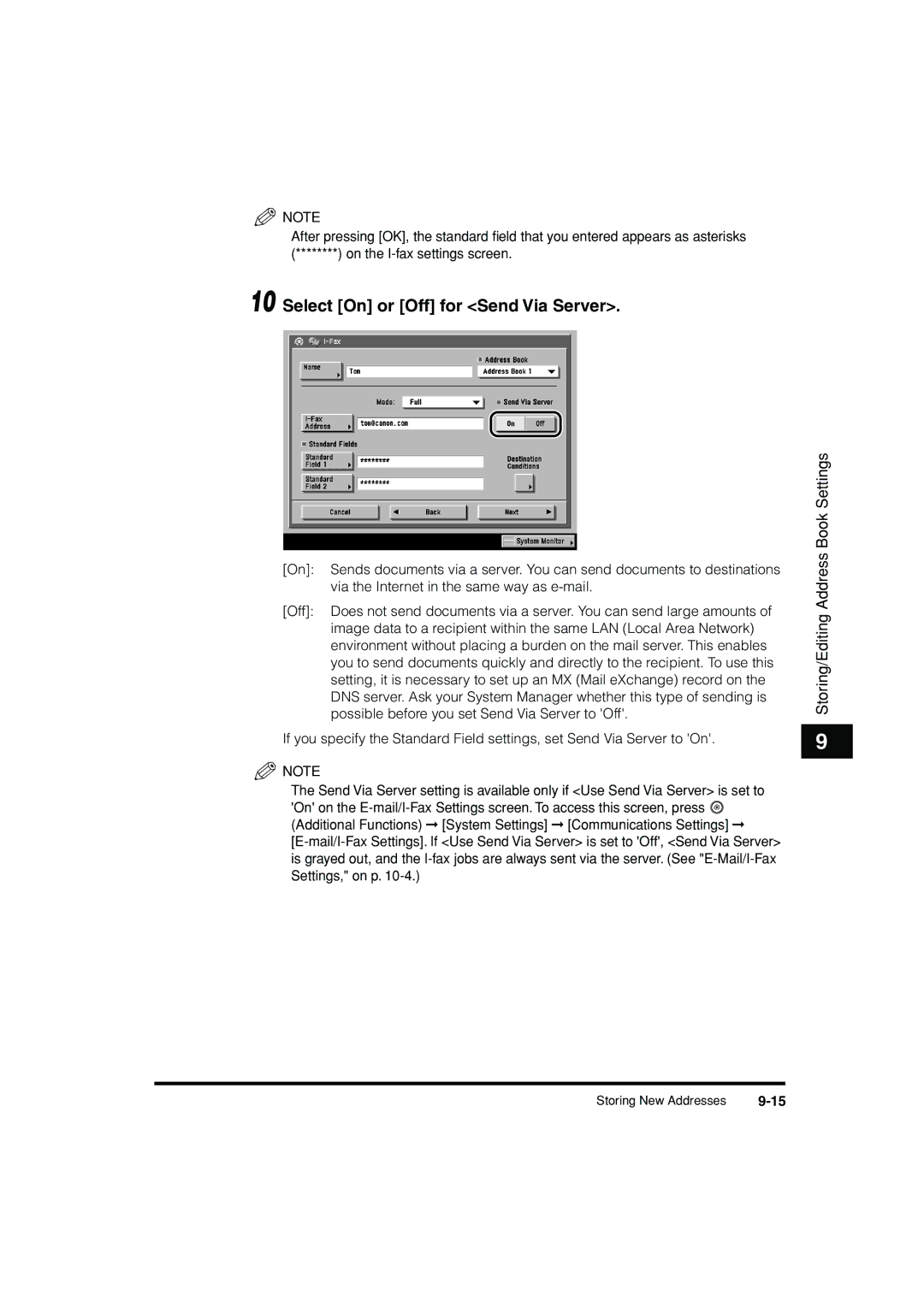 Canon C3200 manual Select On or Off for Send Via Server 