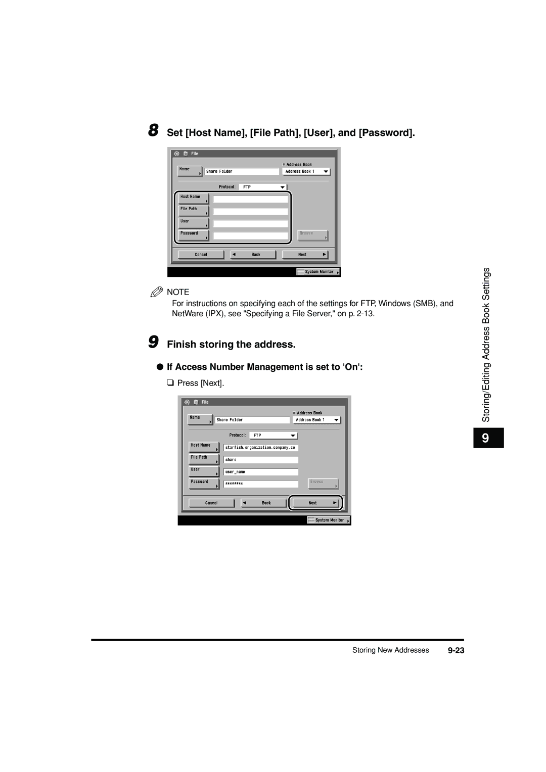 Canon C3200 manual Set Host Name, File Path, User, and Password, Finish storing the address 