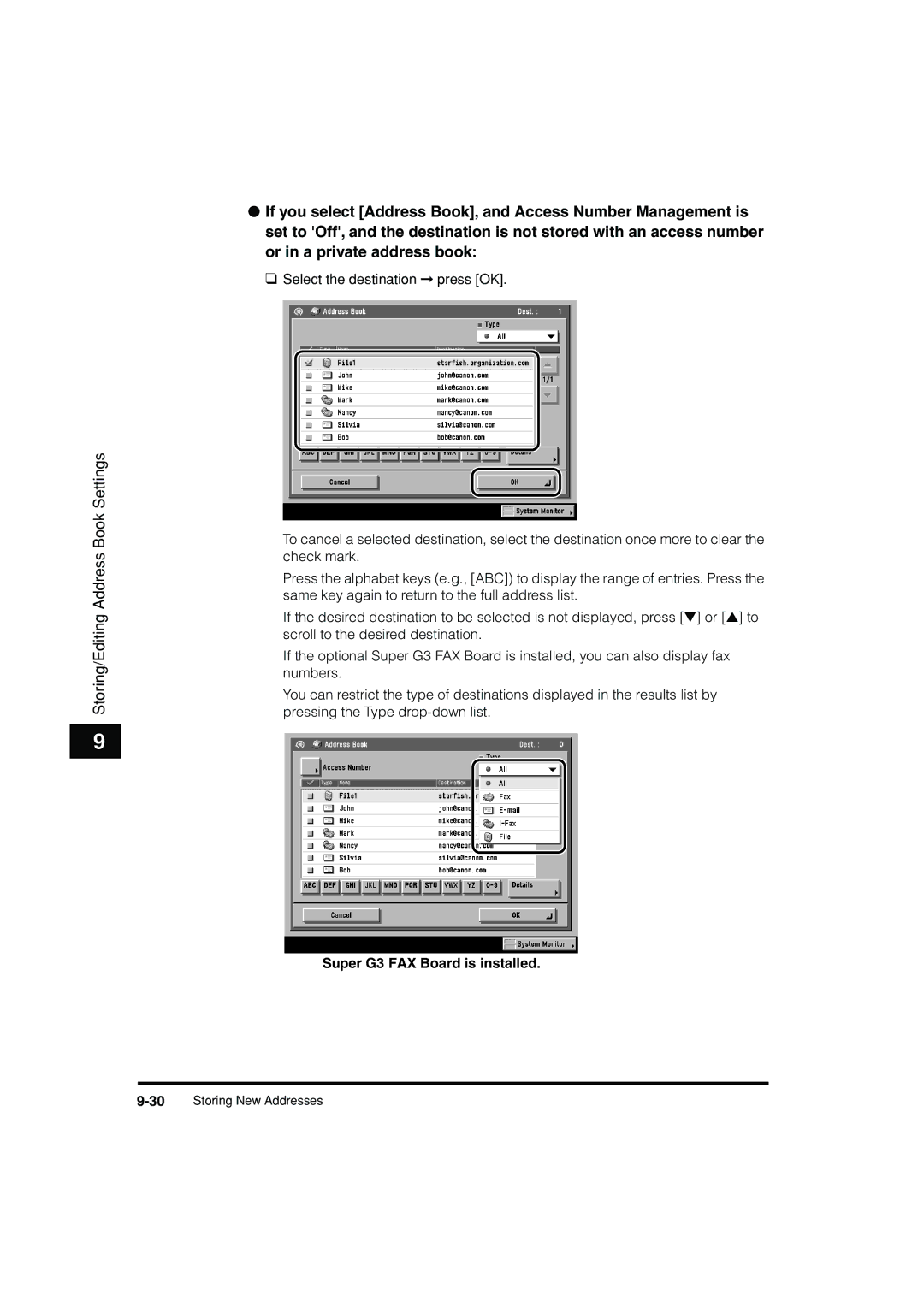 Canon C3200 manual 30Storing New Addresses 