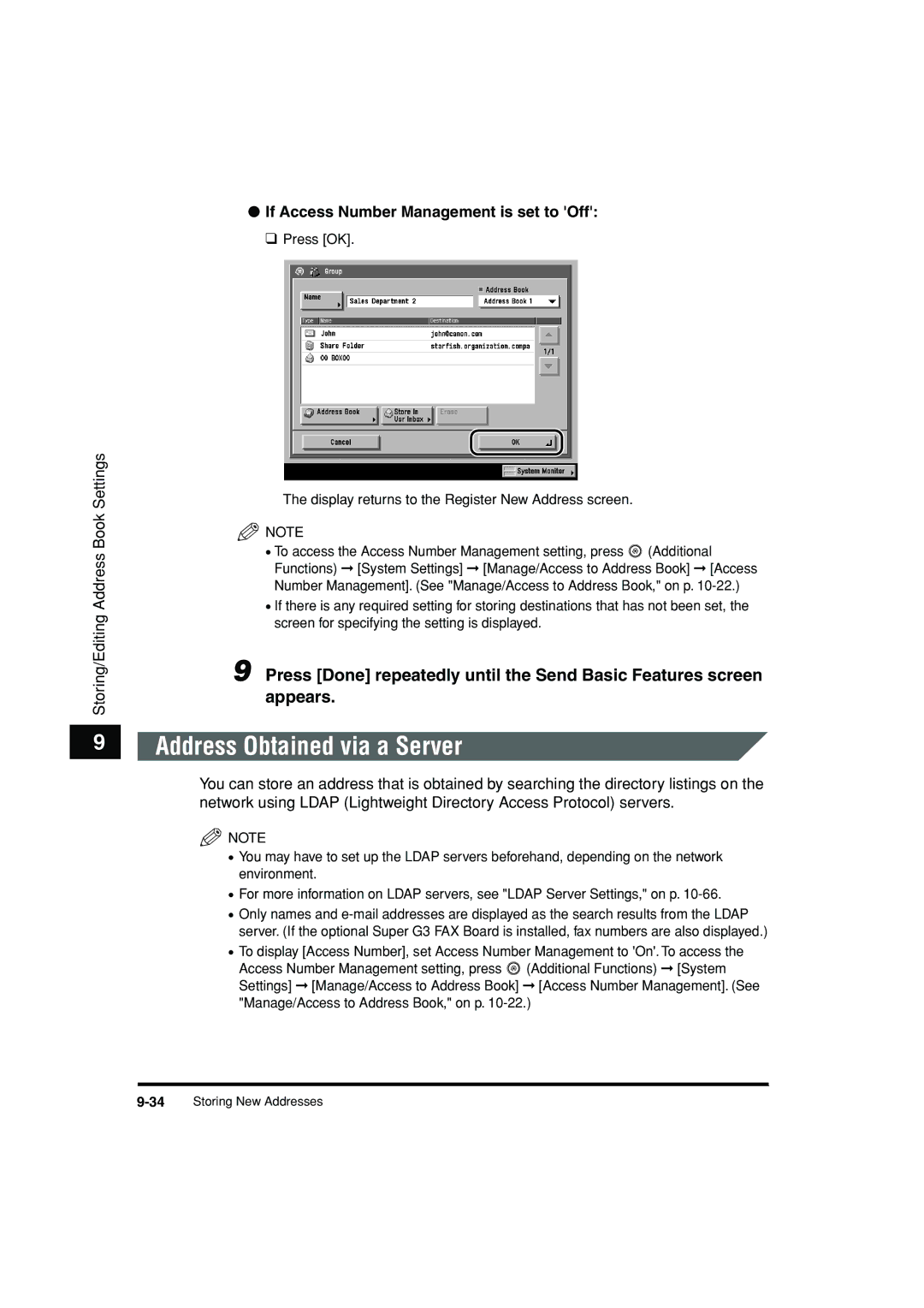 Canon C3200 manual Address Obtained via a Server, If Access Number Management is set to Off 