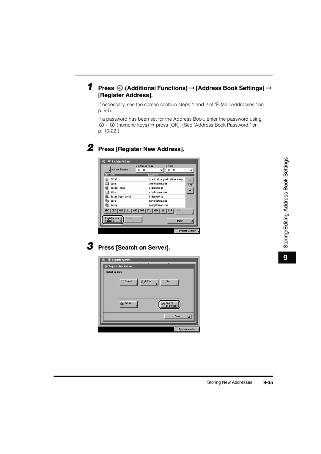 Canon C3200 manual Press Register New Address Press Search on Server 