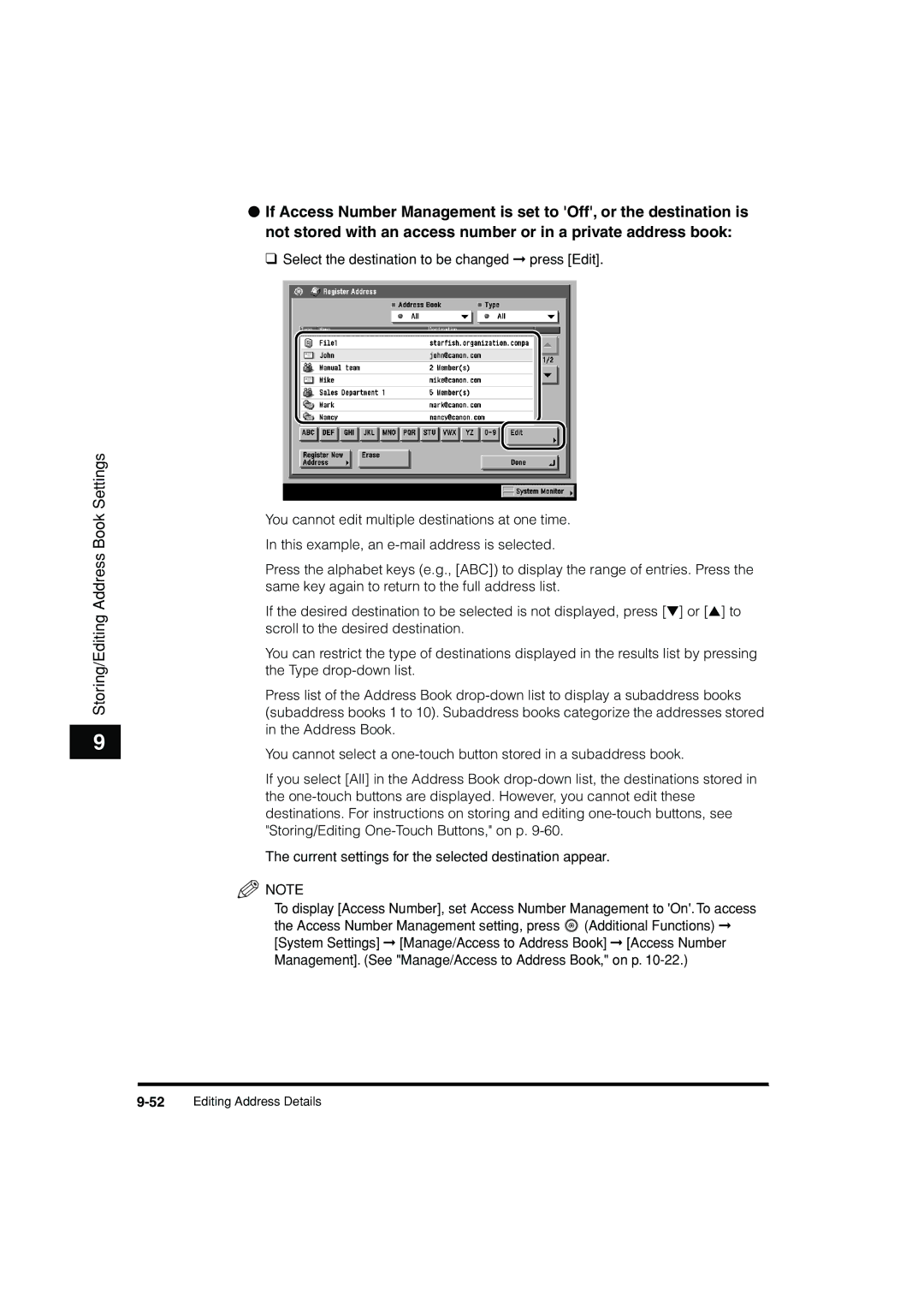 Canon C3200 manual Storing/Editing Address Book Settings 