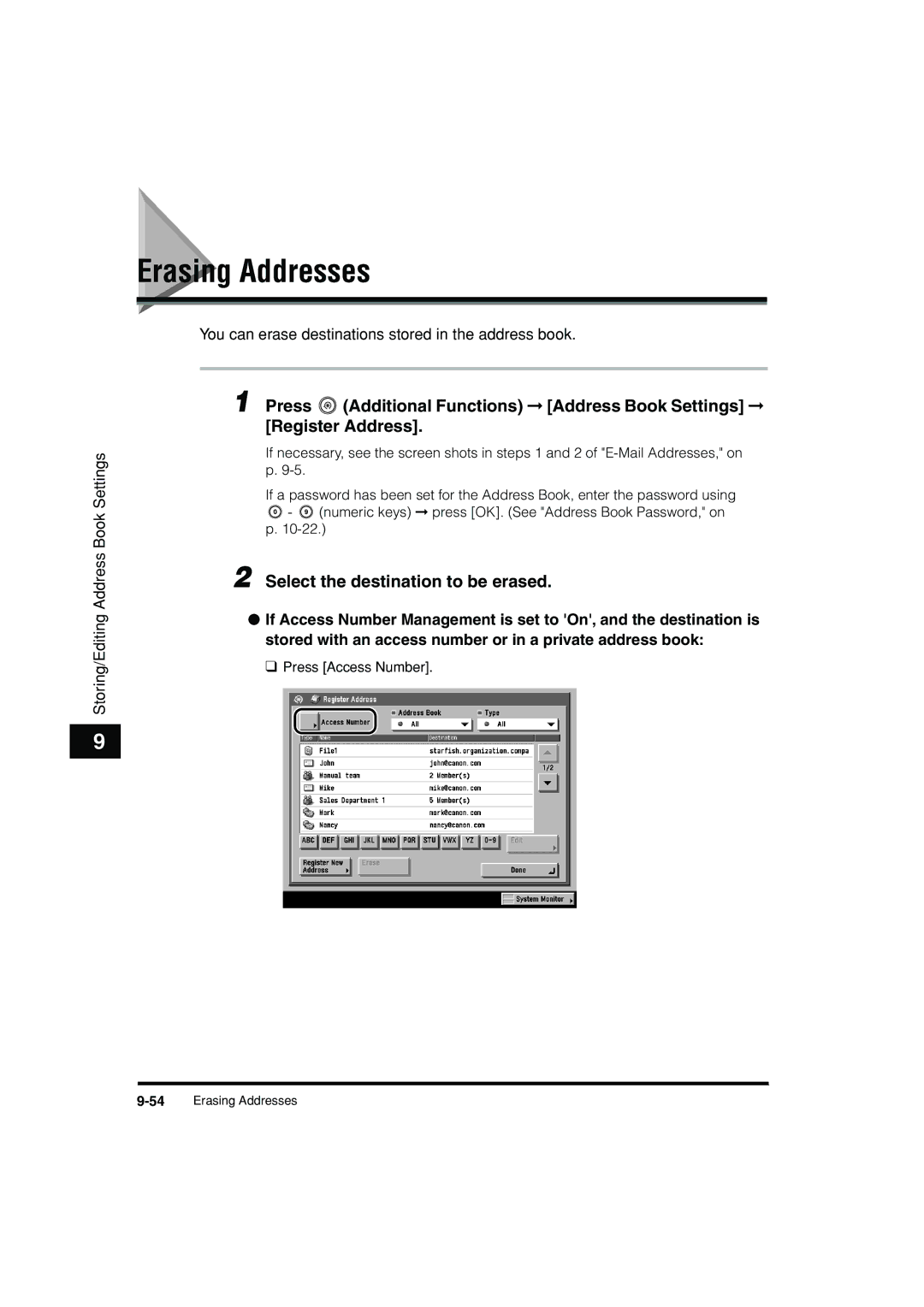 Canon C3200 manual Erasing Addresses, Select the destination to be erased 