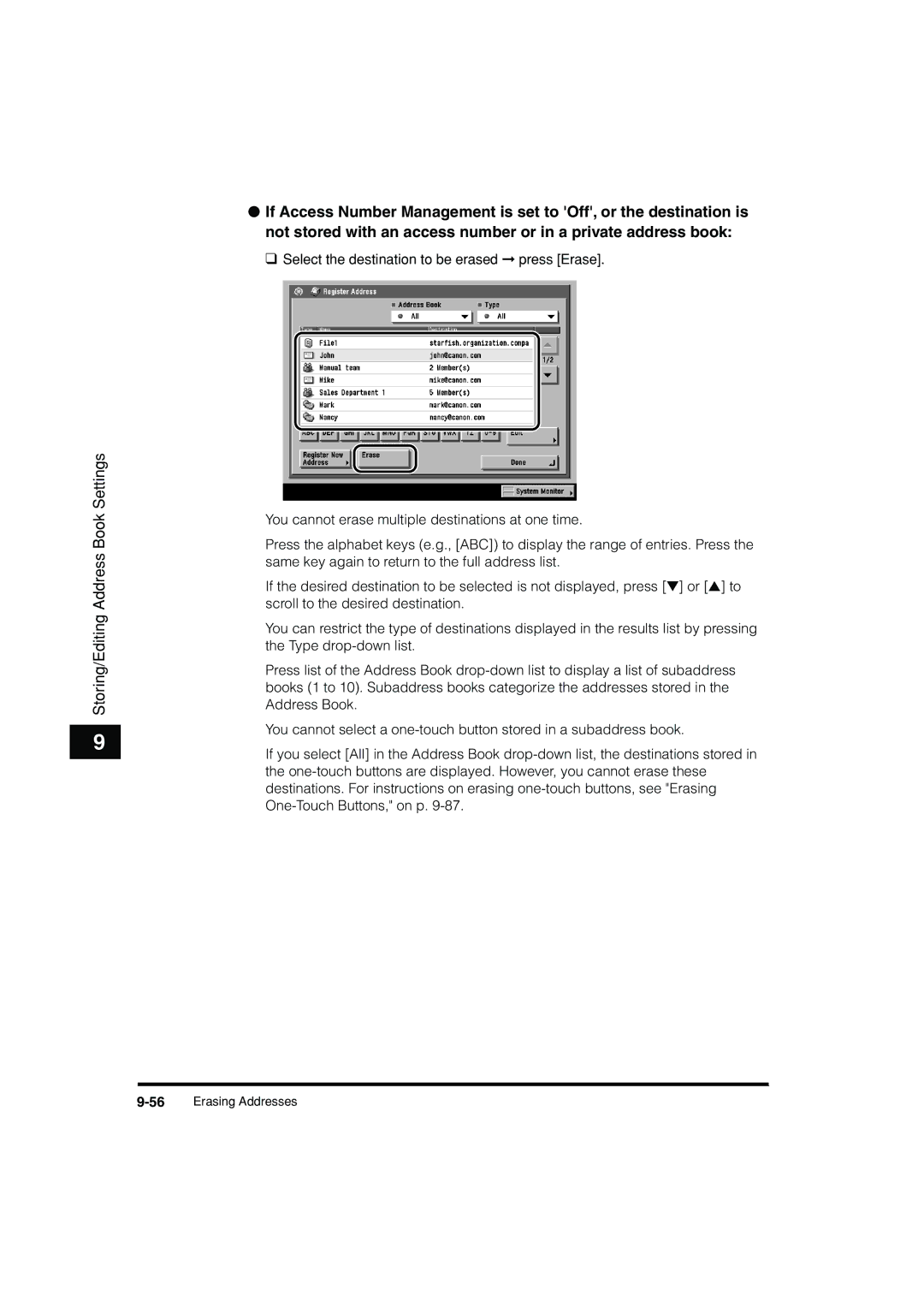 Canon C3200 manual 56Erasing Addresses 