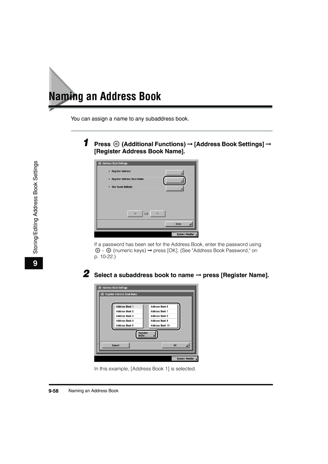 Canon C3200 manual Naming an Address Book, Select a subaddress book to name press Register Name 