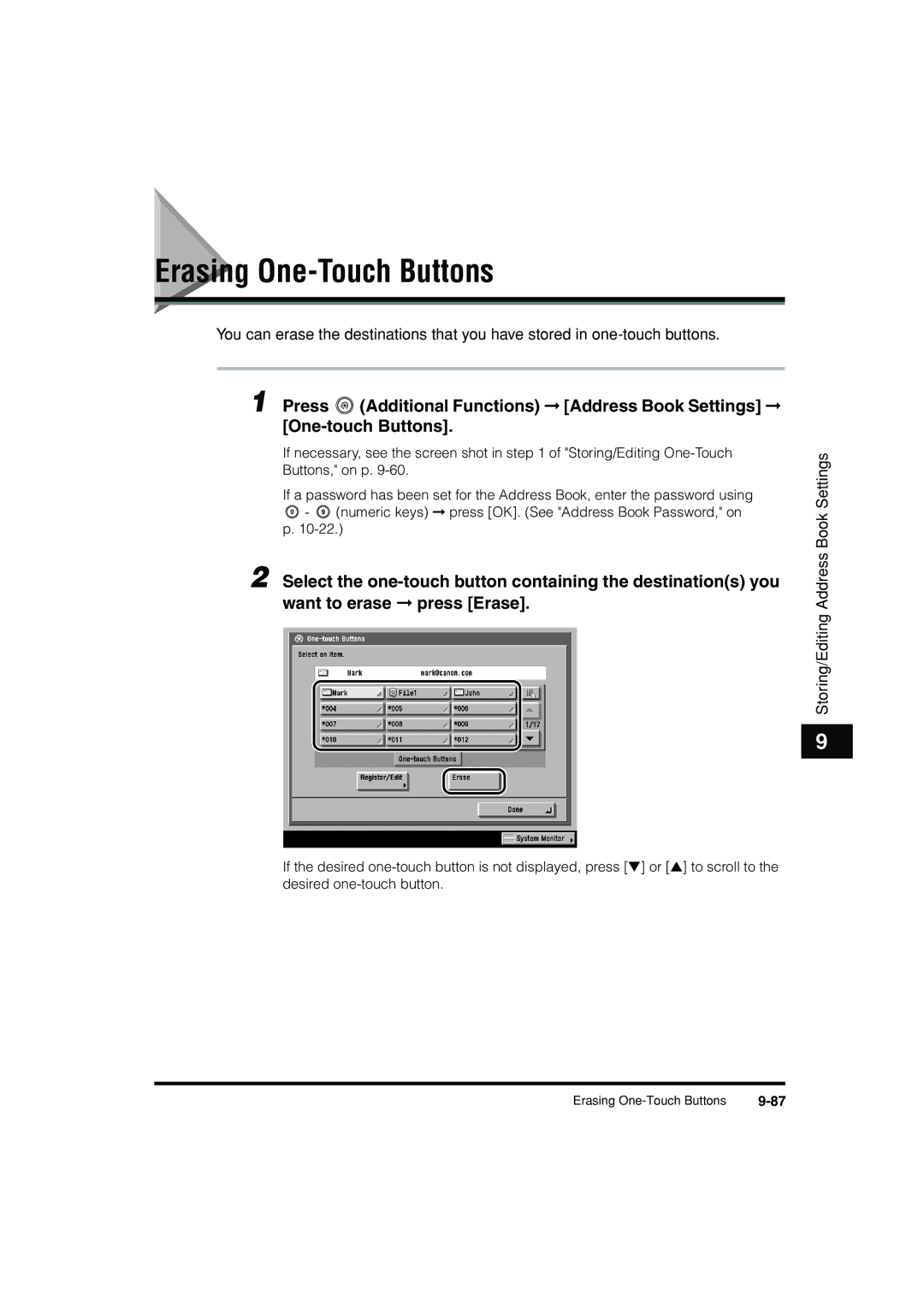 Canon C3200 manual Erasing One-Touch Buttons 