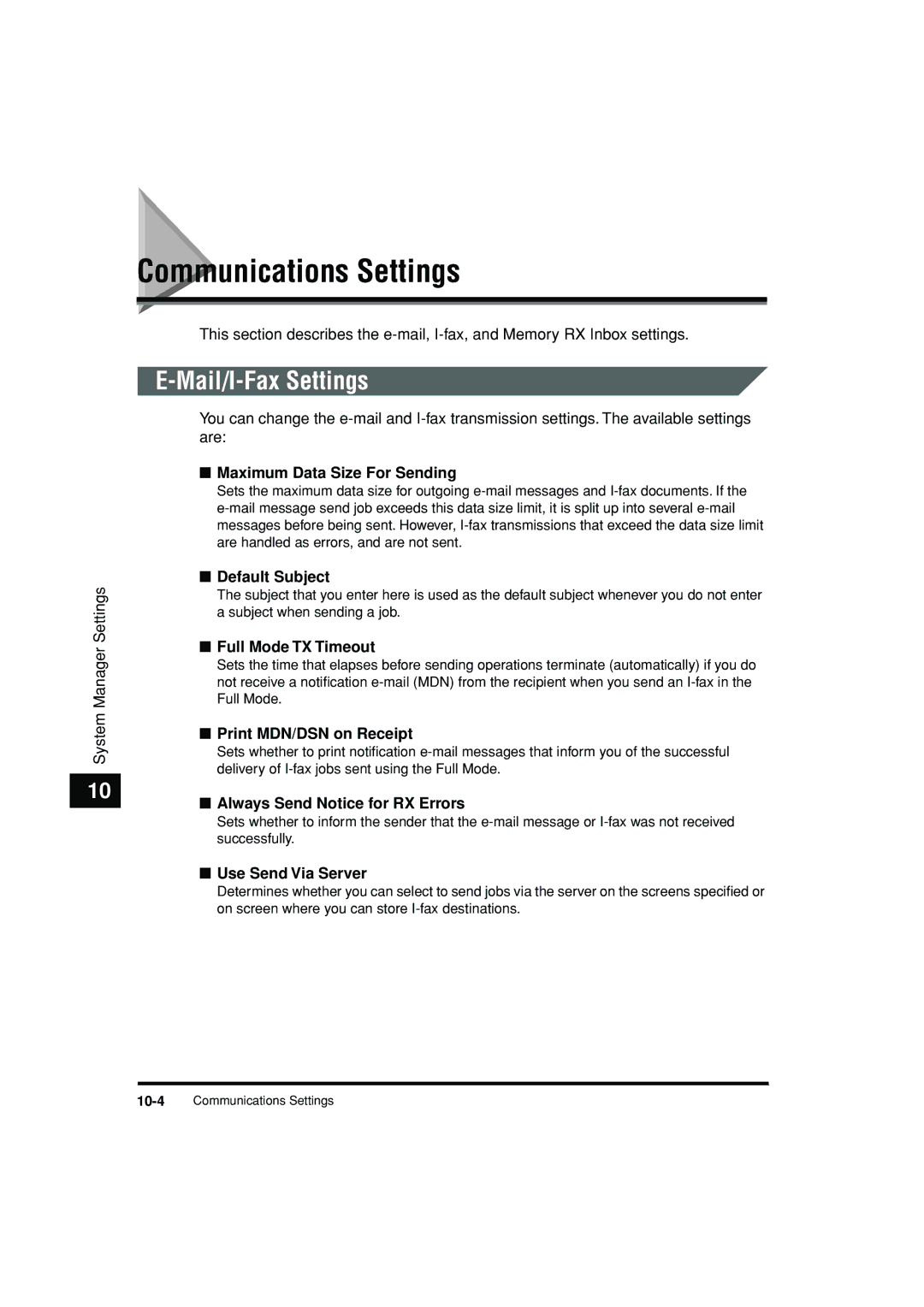 Canon C3200 manual Communications Settings, Mail/I-Fax Settings 