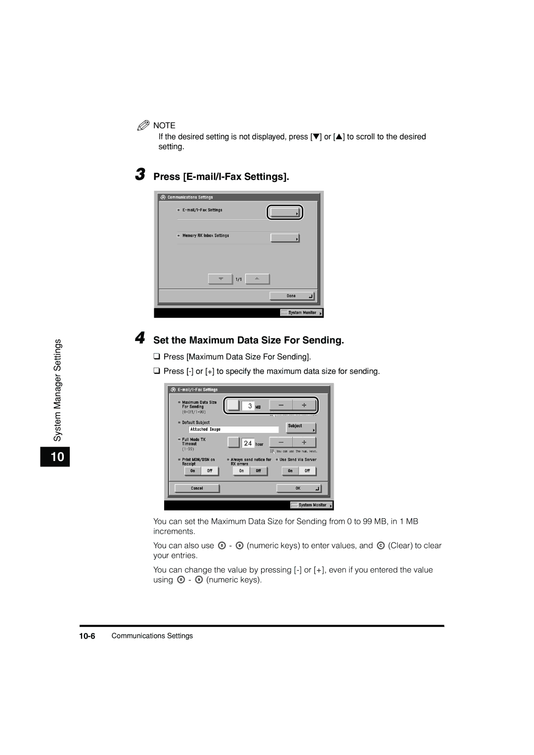 Canon C3200 manual Press E-mail/I-Fax Settings, Set the Maximum Data Size For Sending 