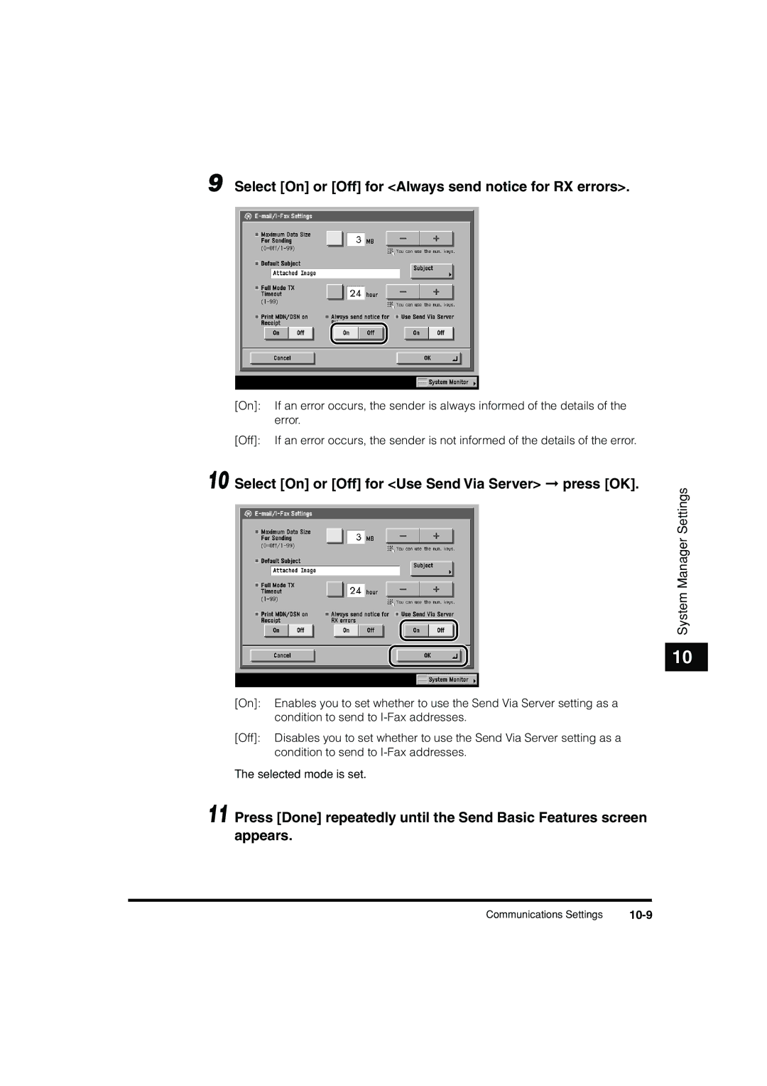 Canon C3200 Select On or Off for Always send notice for RX errors, Select On or Off for Use Send Via Server press OK, 10-9 