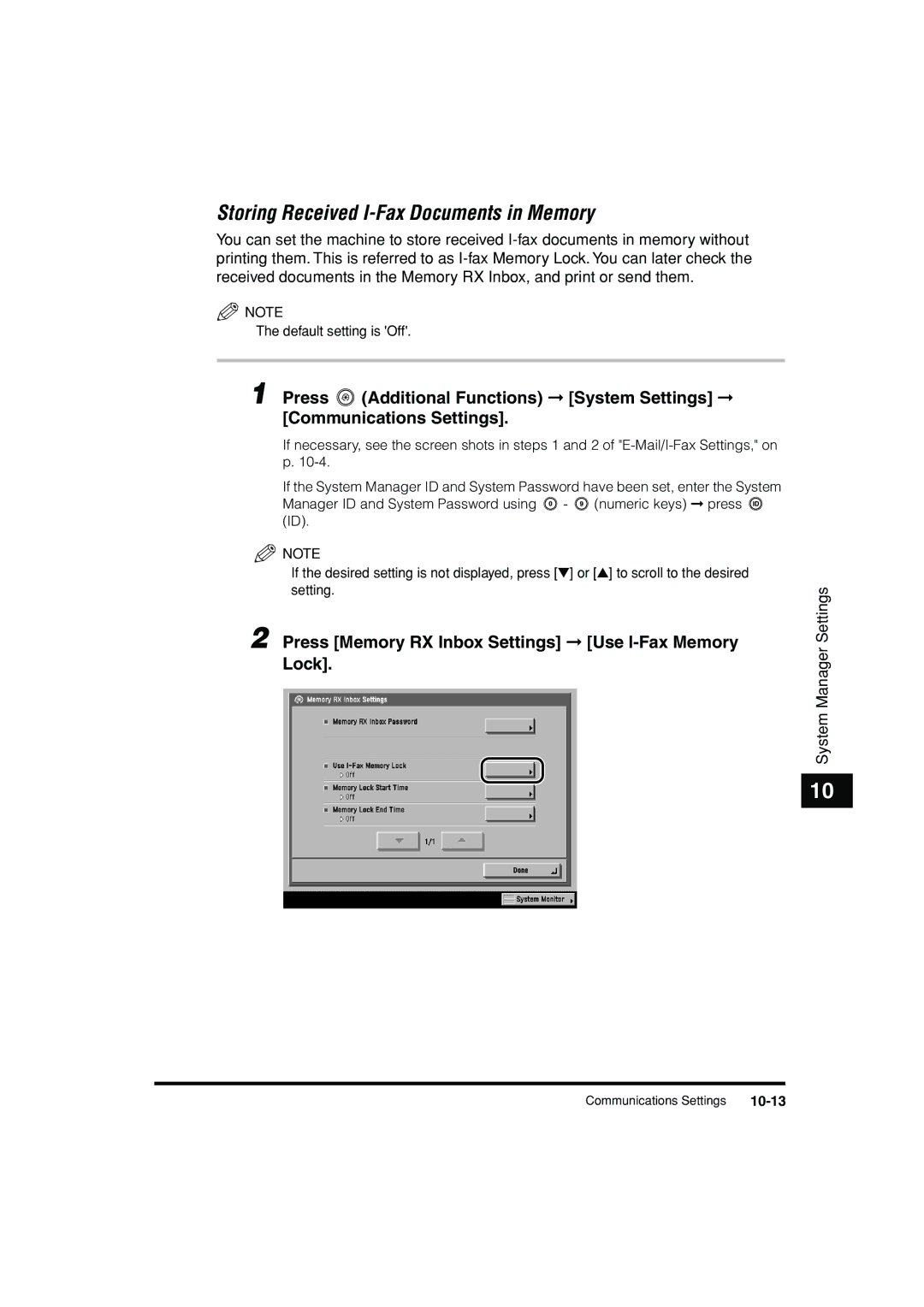 Canon C3200 manual Press Memory RX Inbox Settings Use I-Fax Memory Lock, 10-13 