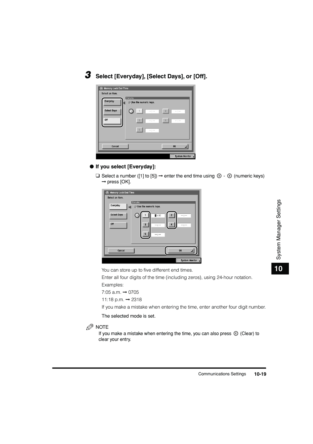 Canon C3200 manual Select Everyday, Select Days, or Off, 10-19 