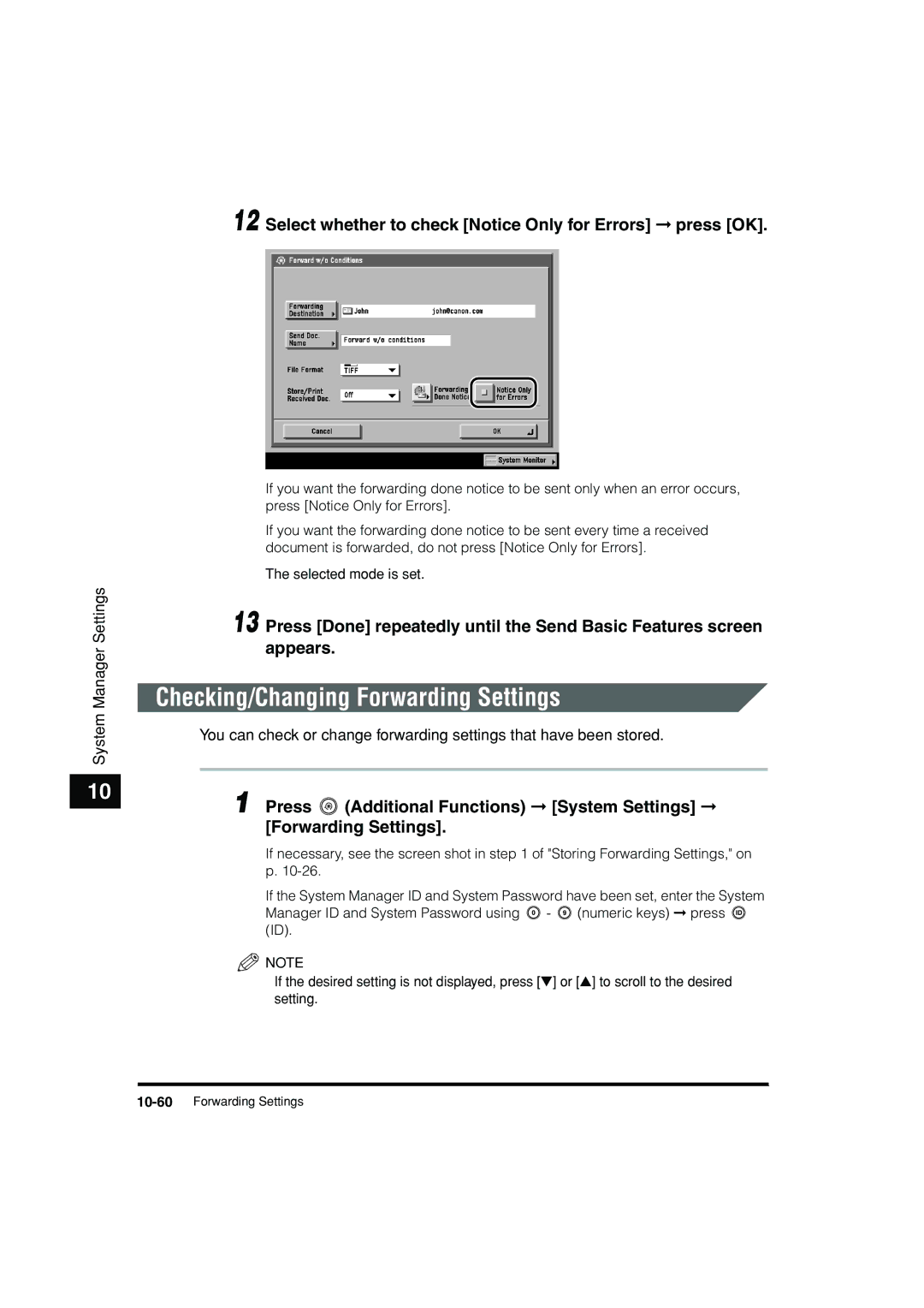 Canon C3200 manual Checking/Changing Forwarding Settings, Select whether to check Notice Only for Errors press OK 