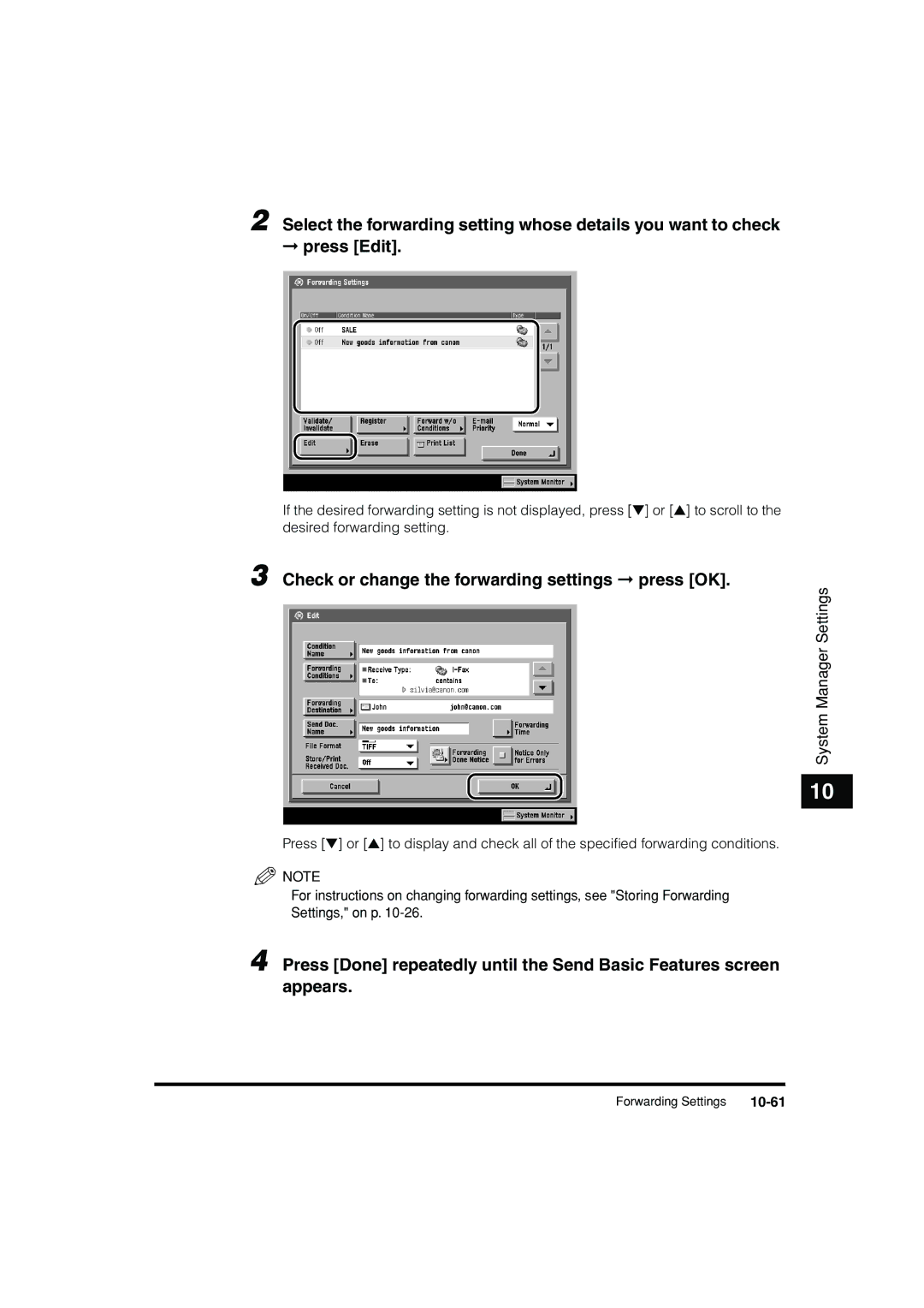 Canon C3200 manual Check or change the forwarding settings press OK, 10-61 