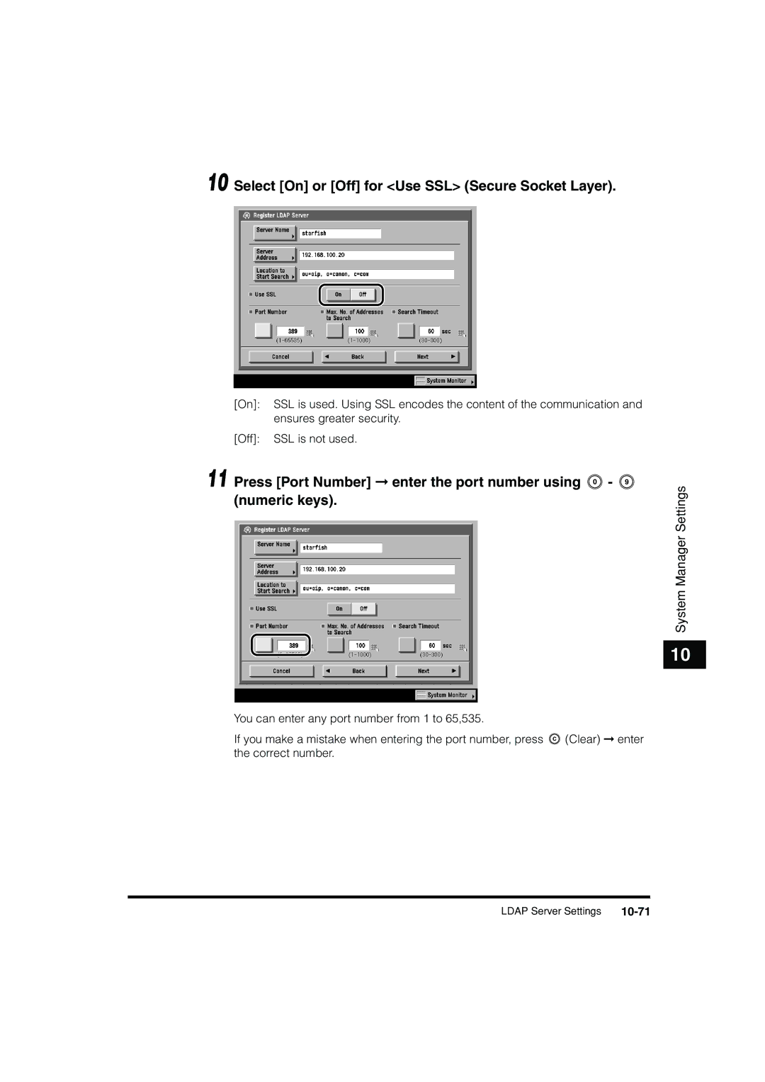 Canon C3200 Select On or Off for Use SSL Secure Socket Layer, Press Port Number enter the port number using numeric keys 