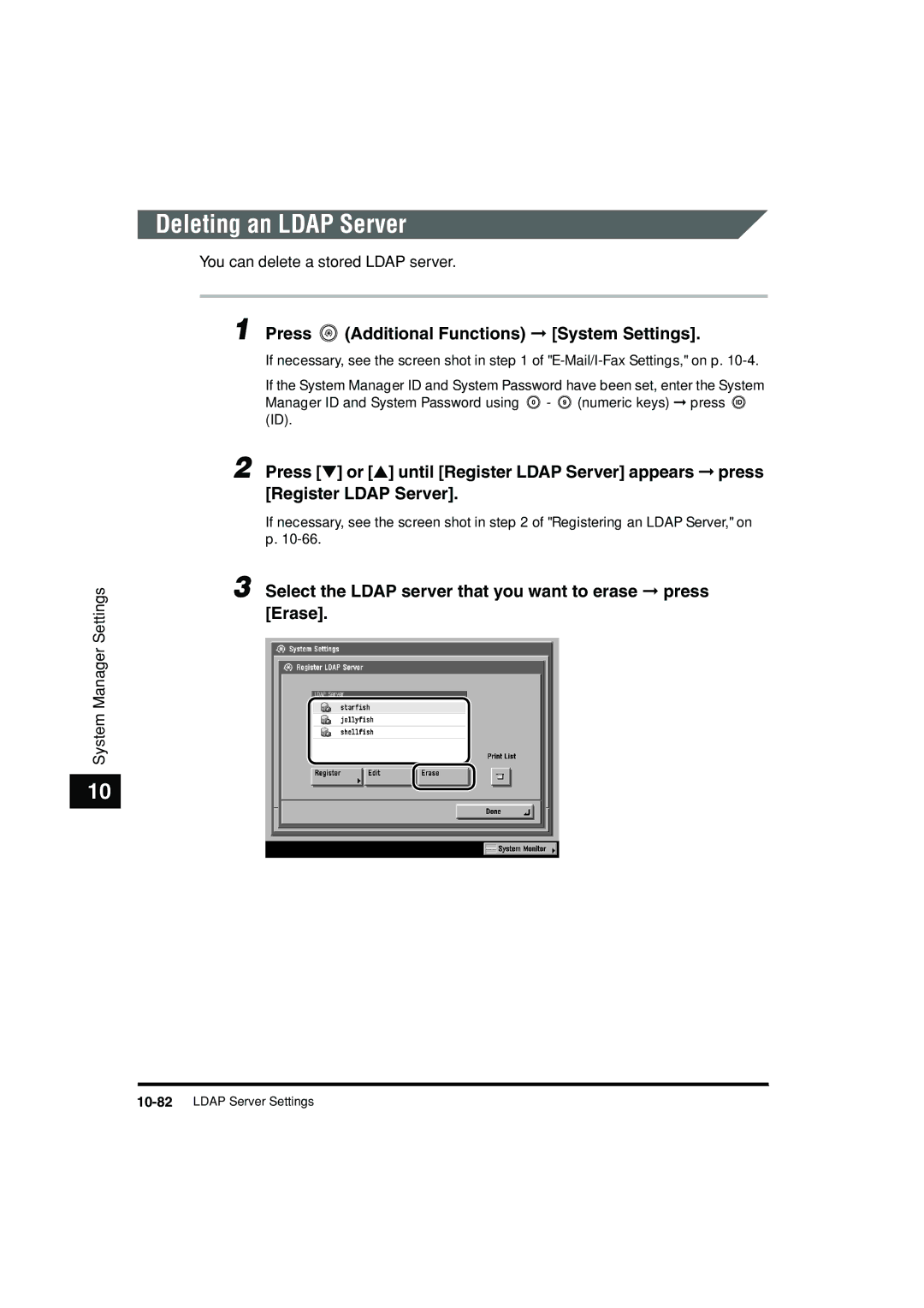 Canon C3200 manual Deleting an Ldap Server, Select the Ldap server that you want to erase press Erase 