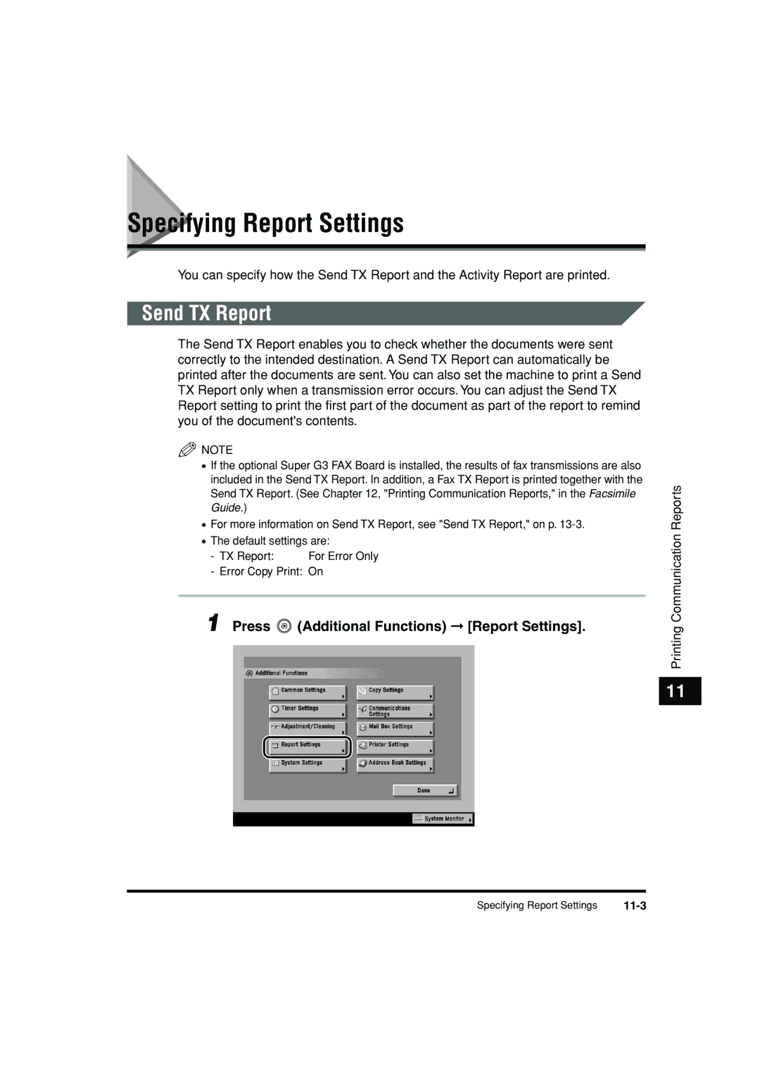 Canon C3200 manual Specifying Report Settings, Send TX Report, Additional Functions Report Settings, 11-3 