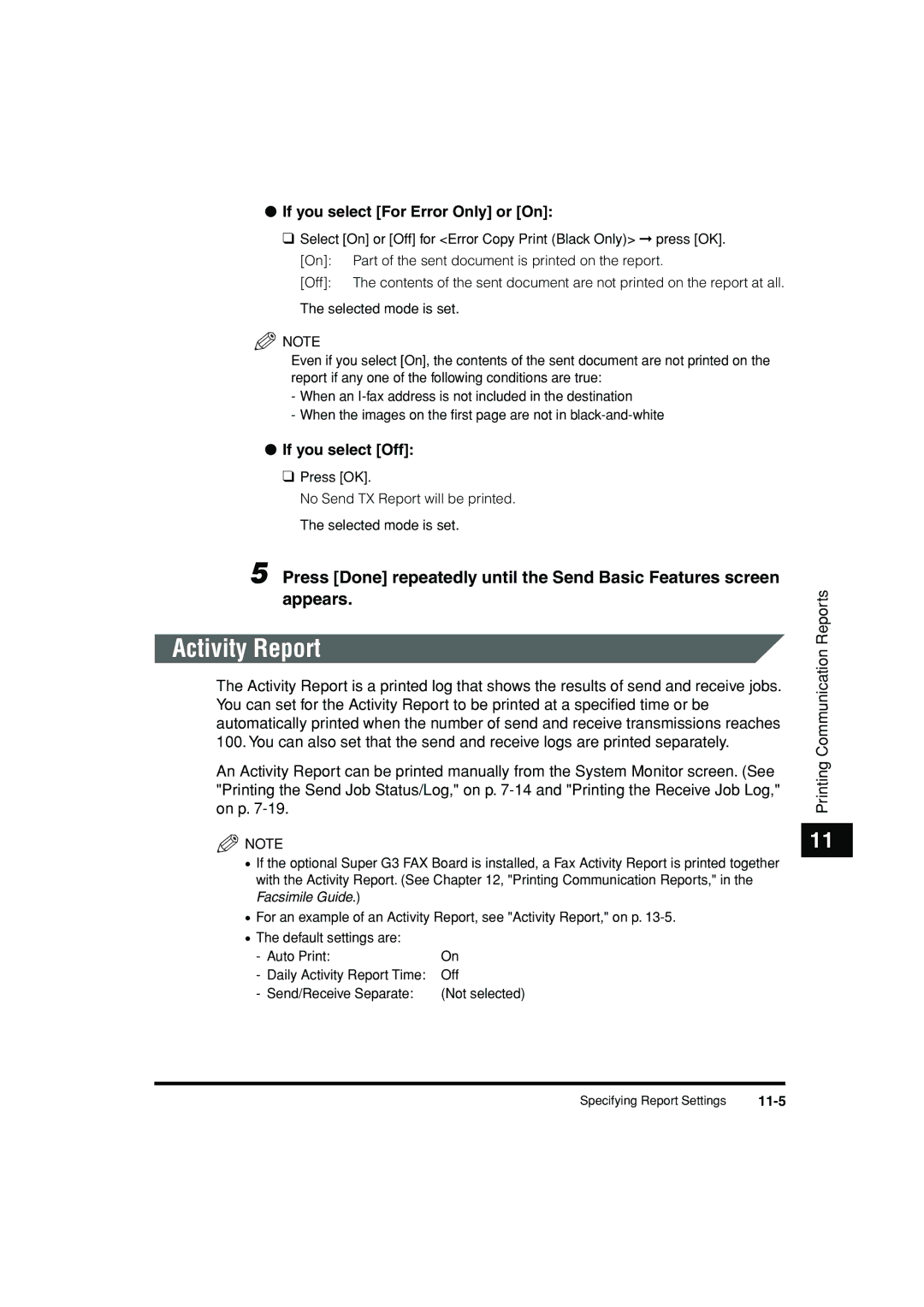 Canon C3200 manual Activity Report, If you select For Error Only or On, 11-5 