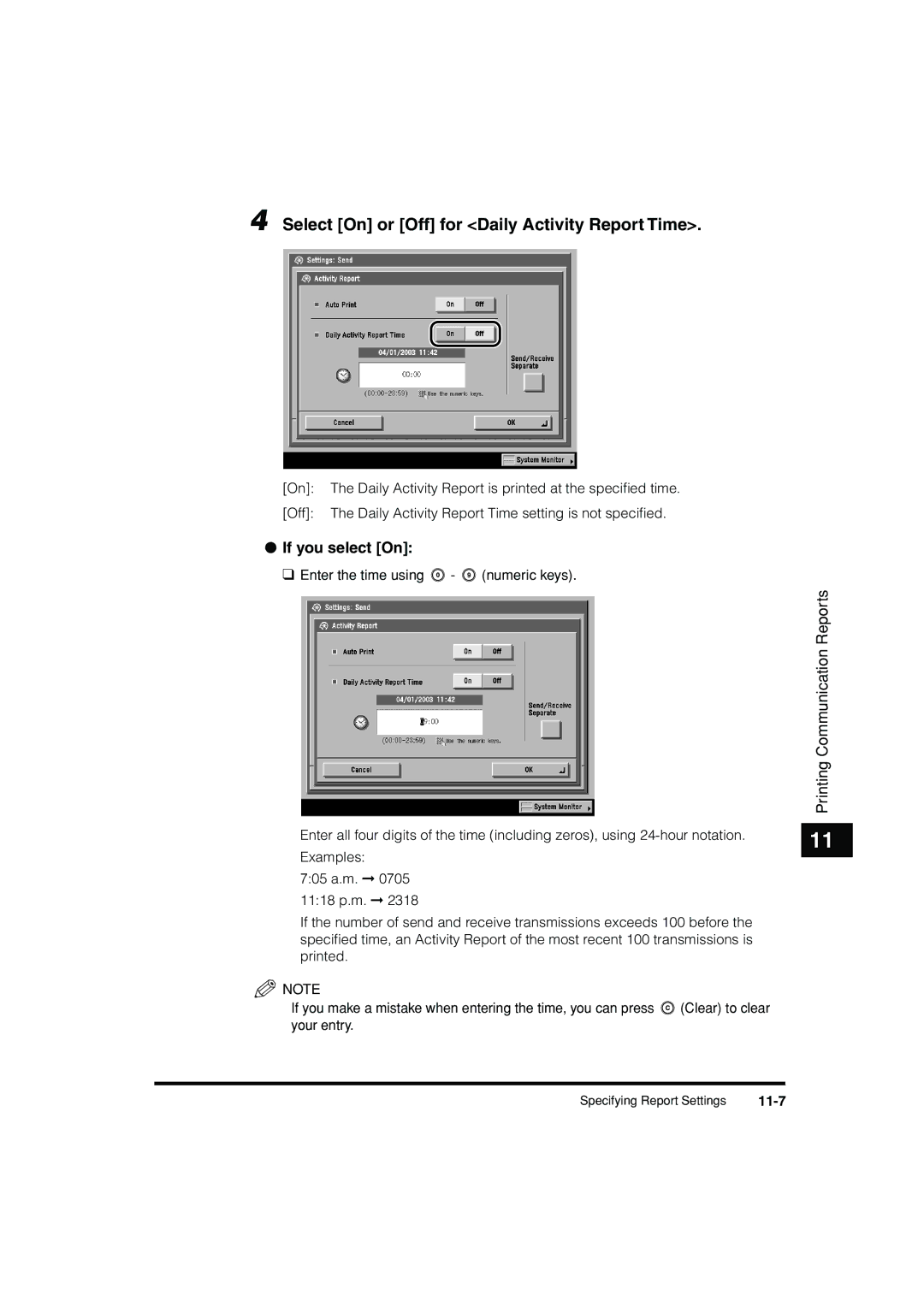 Canon C3200 manual Select On or Off for Daily Activity Report Time, 11-7 