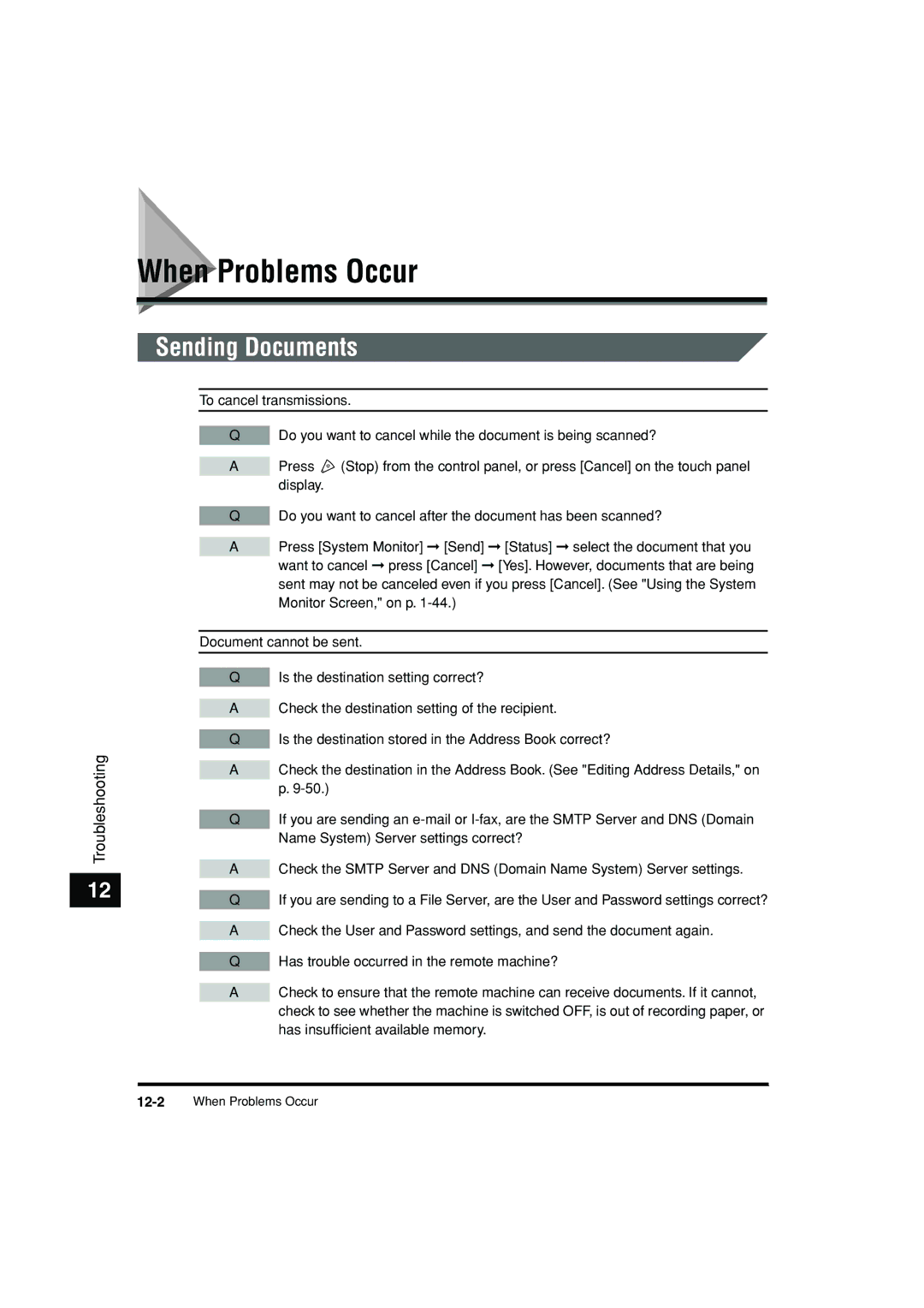 Canon C3200 manual When Problems Occur, Sending Documents 