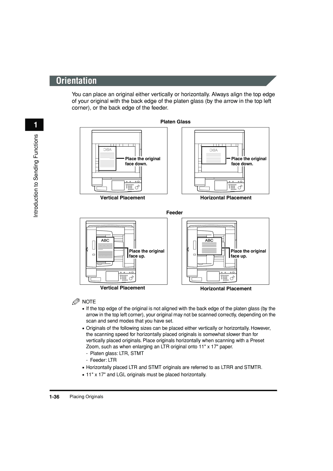 Canon C3200 manual Orientation, Platen Glass, Vertical Placement Horizontal Placement Feeder 