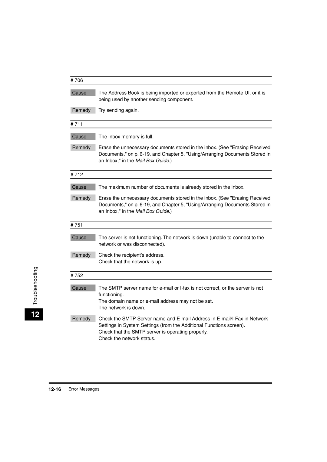 Canon C3200 manual 12-16Error Messages 