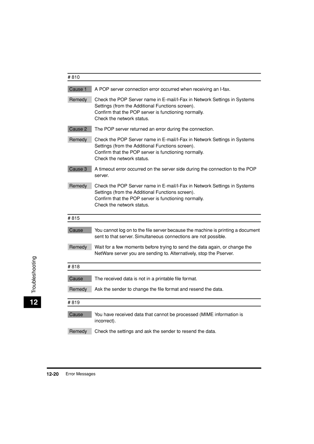 Canon C3200 manual Conﬁrm that the POP server is functioning normally 