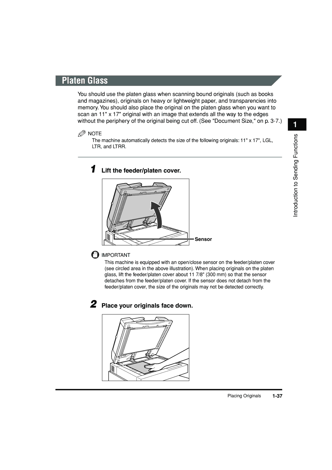 Canon C3200 manual Platen Glass, Lift the feeder/platen cover, Place your originals face down 