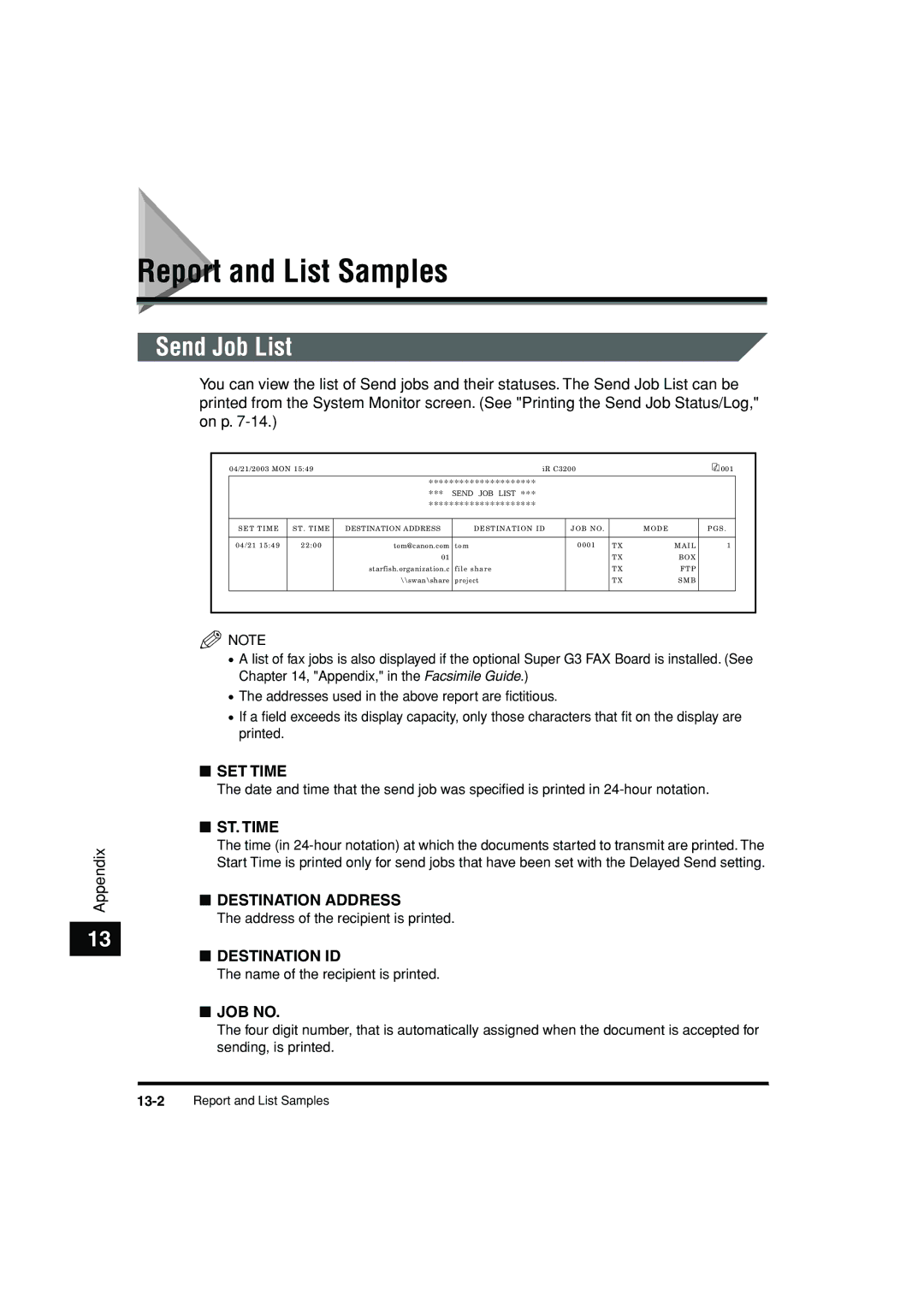 Canon C3200 manual Report and List Samples, Send Job List 