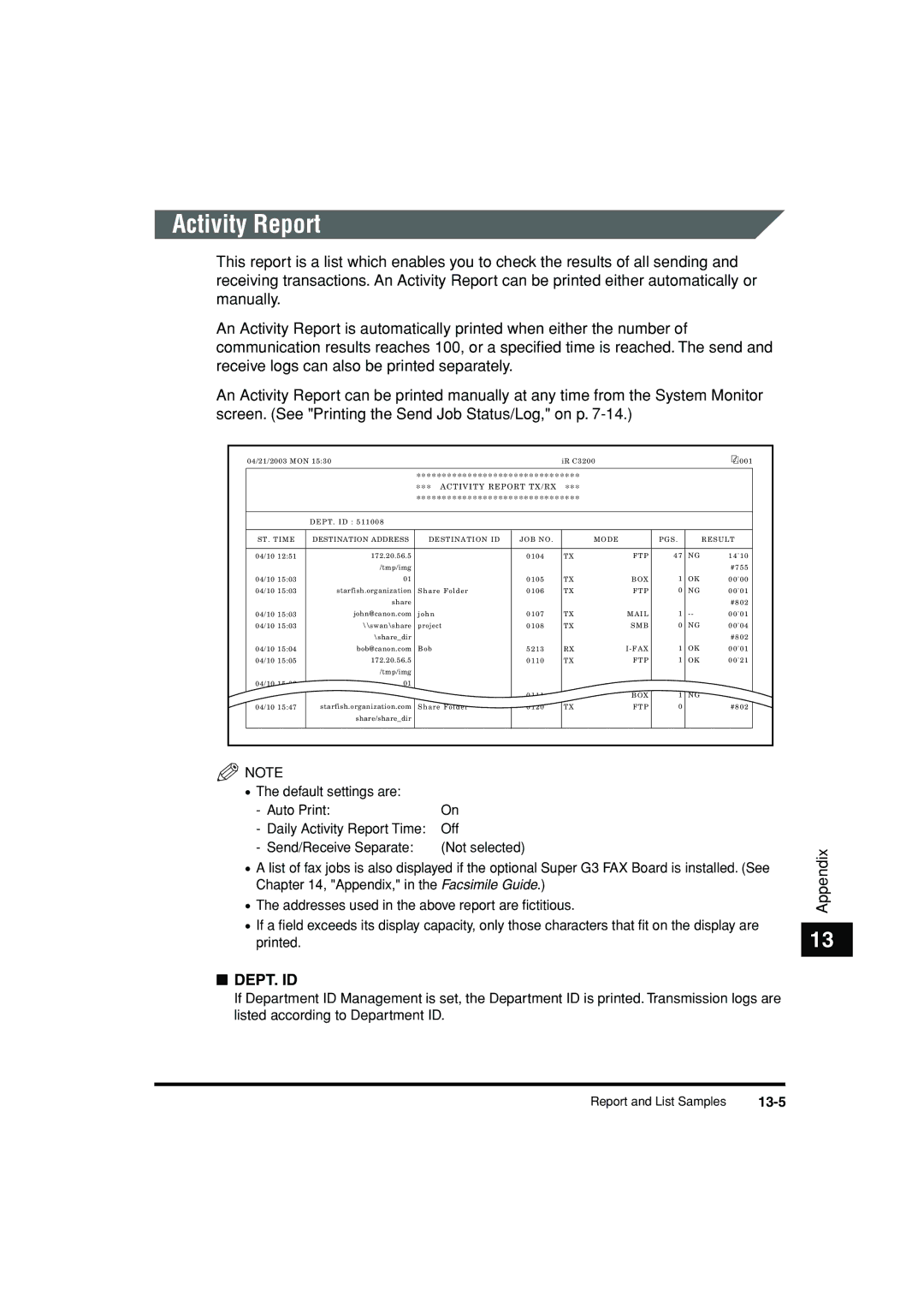 Canon C3200 manual 13-5, Activity Report TX/RX 