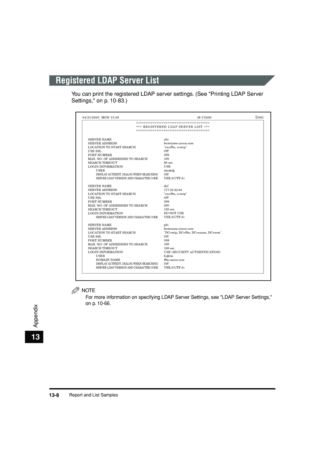 Canon C3200 manual Registered Ldap Server List, Login Information USE User 