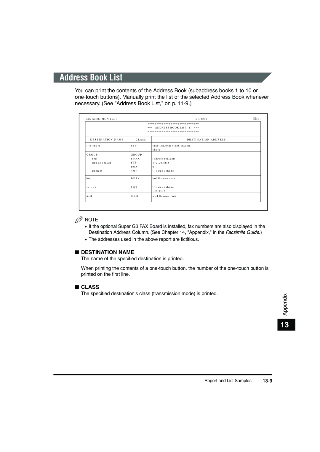 Canon C3200 manual Destination Name, 13-9 