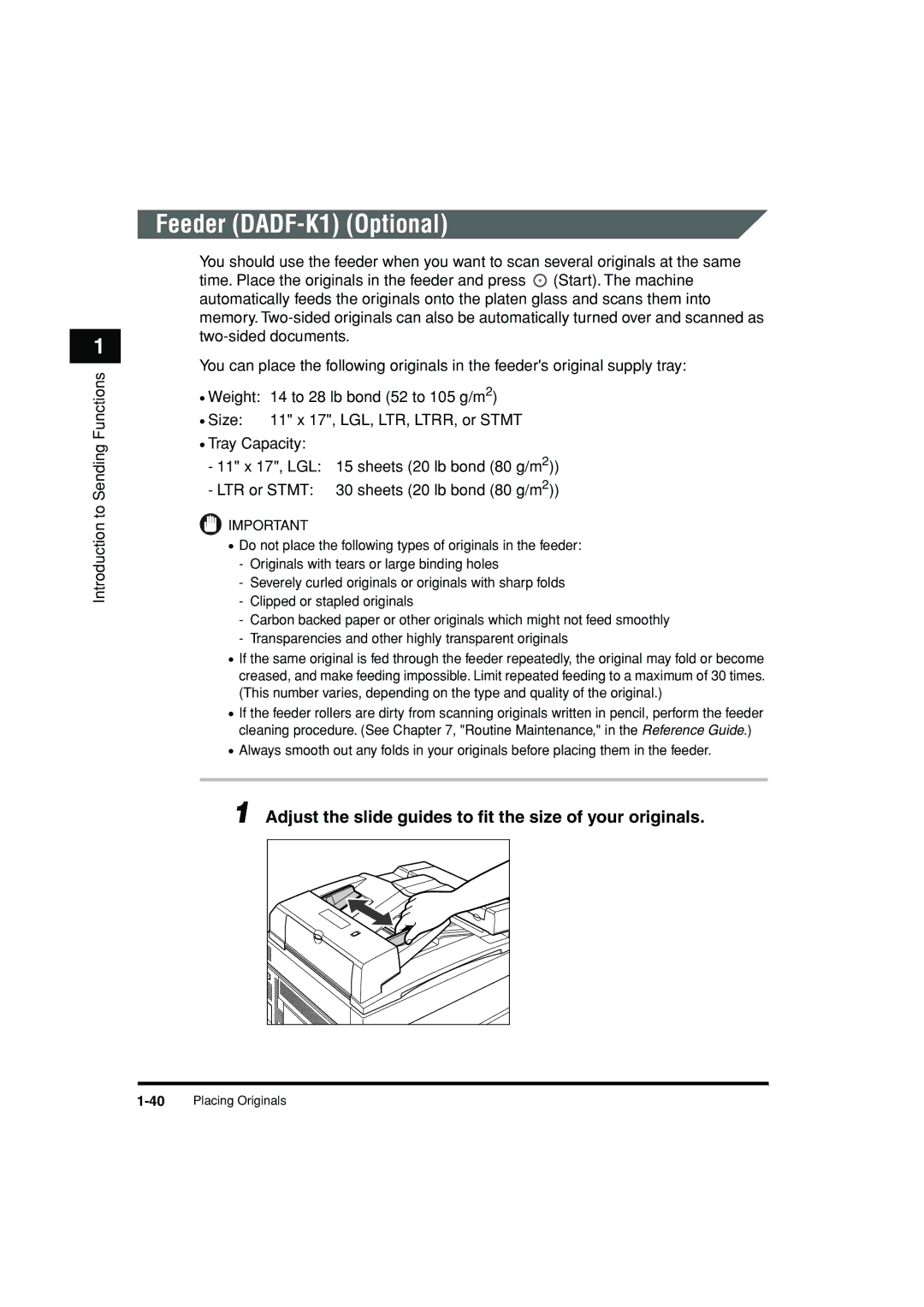 Canon C3200 manual Feeder DADF-K1 Optional, Adjust the slide guides to ﬁt the size of your originals 