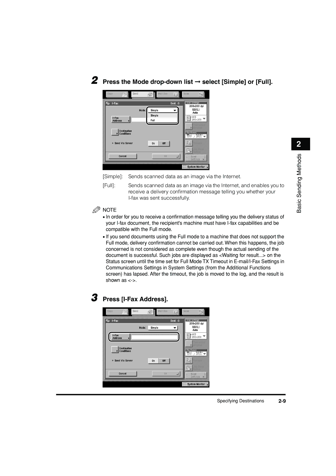 Canon C3200 manual Press the Mode drop-down list select Simple or Full, Press I-Fax Address 