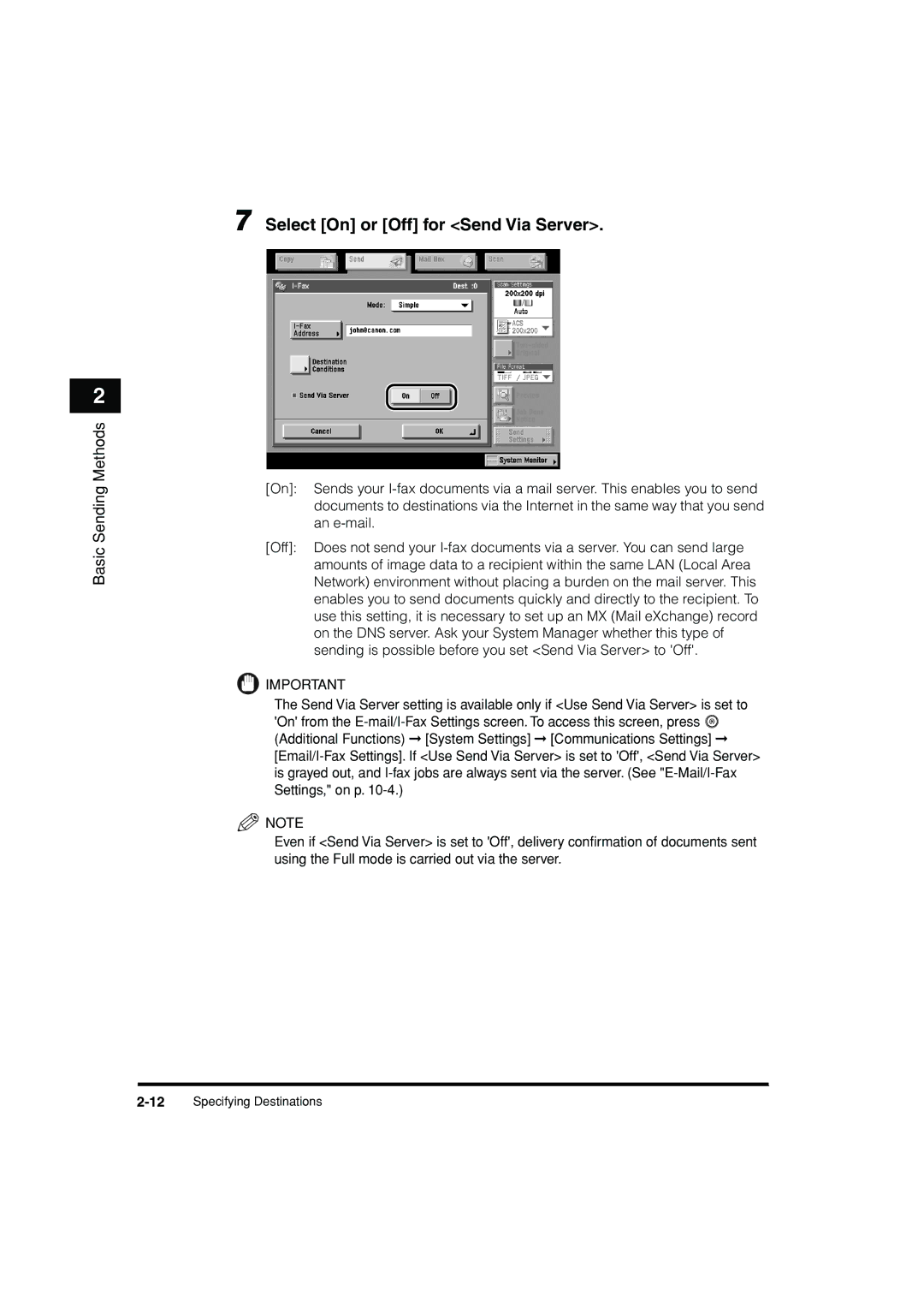 Canon C3200 manual Select On or Off for Send Via Server 