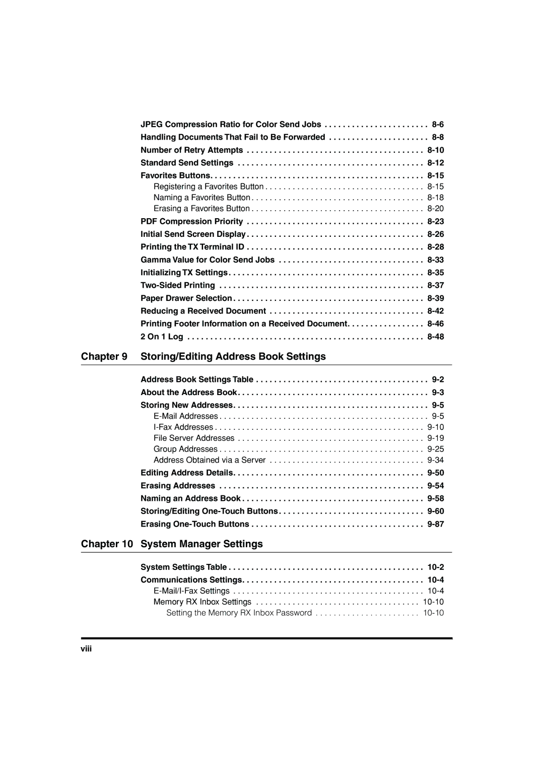 Canon C3200 Storing/Editing Address Book Settings, System Manager Settings, System Settings Communications Settings, Viii 