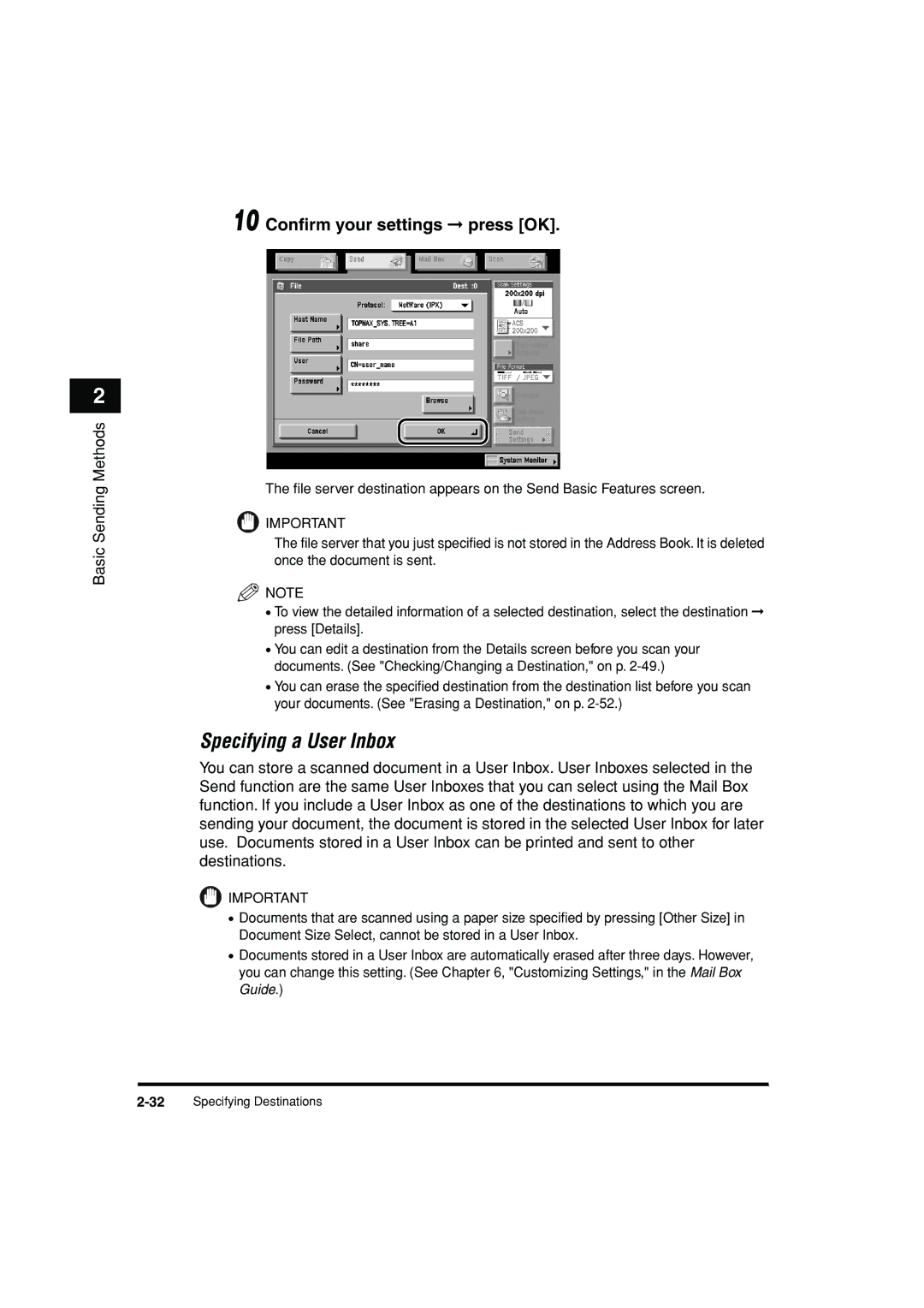 Canon C3200 manual Specifying a User Inbox, 10 Conﬁrm your settings press OK 