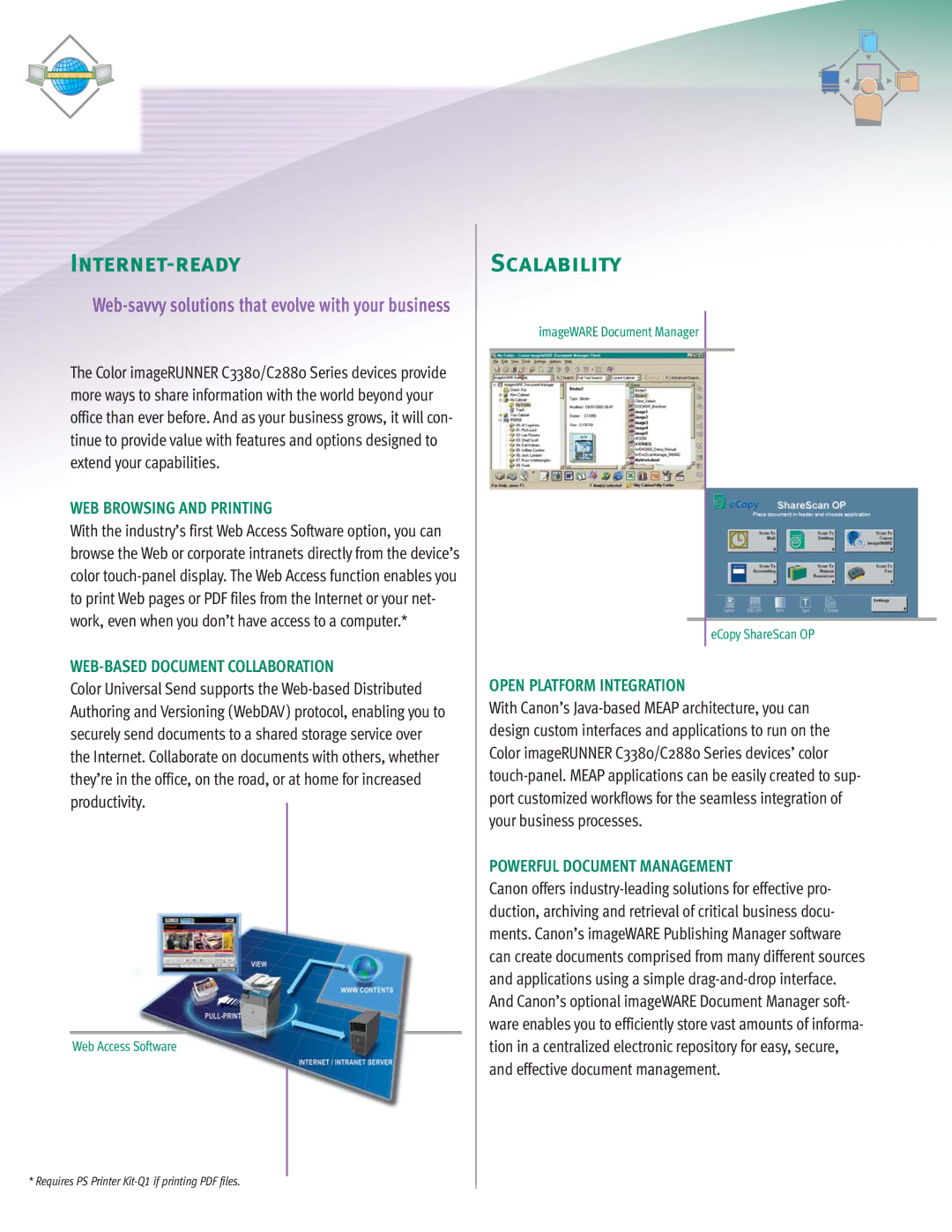 Canon C3380 Series manual Internet-ready, Scalability, WEB Browsing and Printing WEB-BASED Document Collaboration 