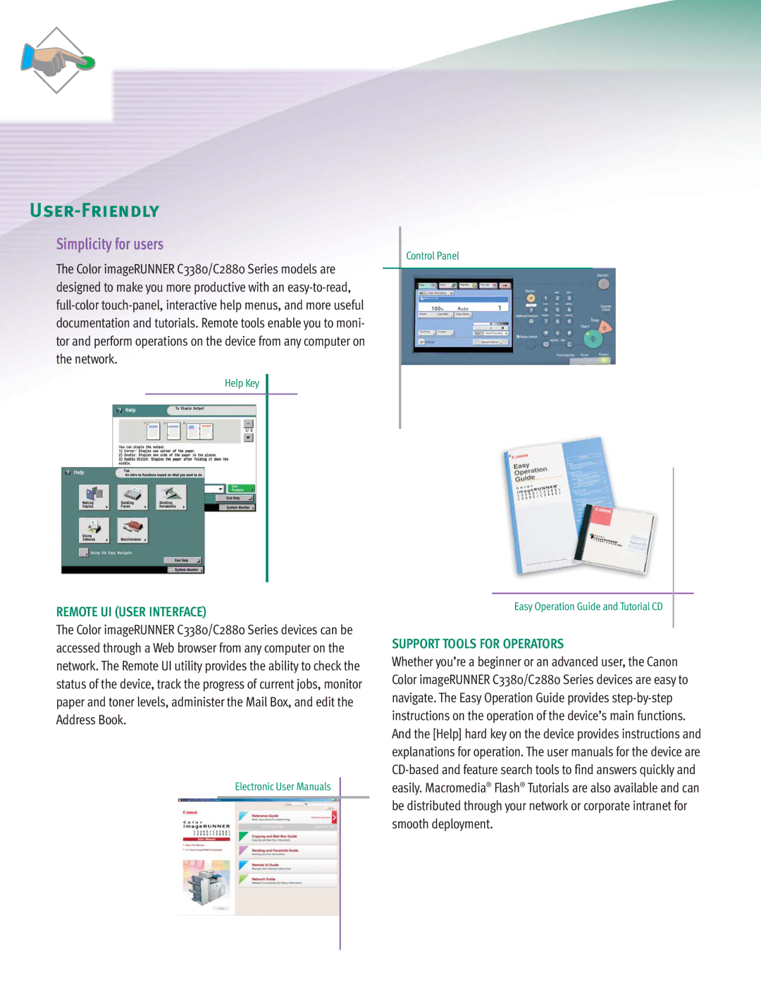 Canon C3380 Series manual User-Friendly, Simplicity for users, Remote UI User Interface, Support Tools for Operators 