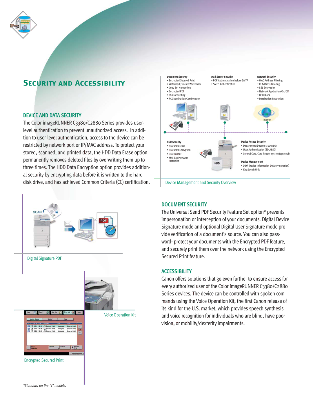 Canon C3380 Series manual Security and Accessibility, Device and Data Security, Document Security Accessibility 